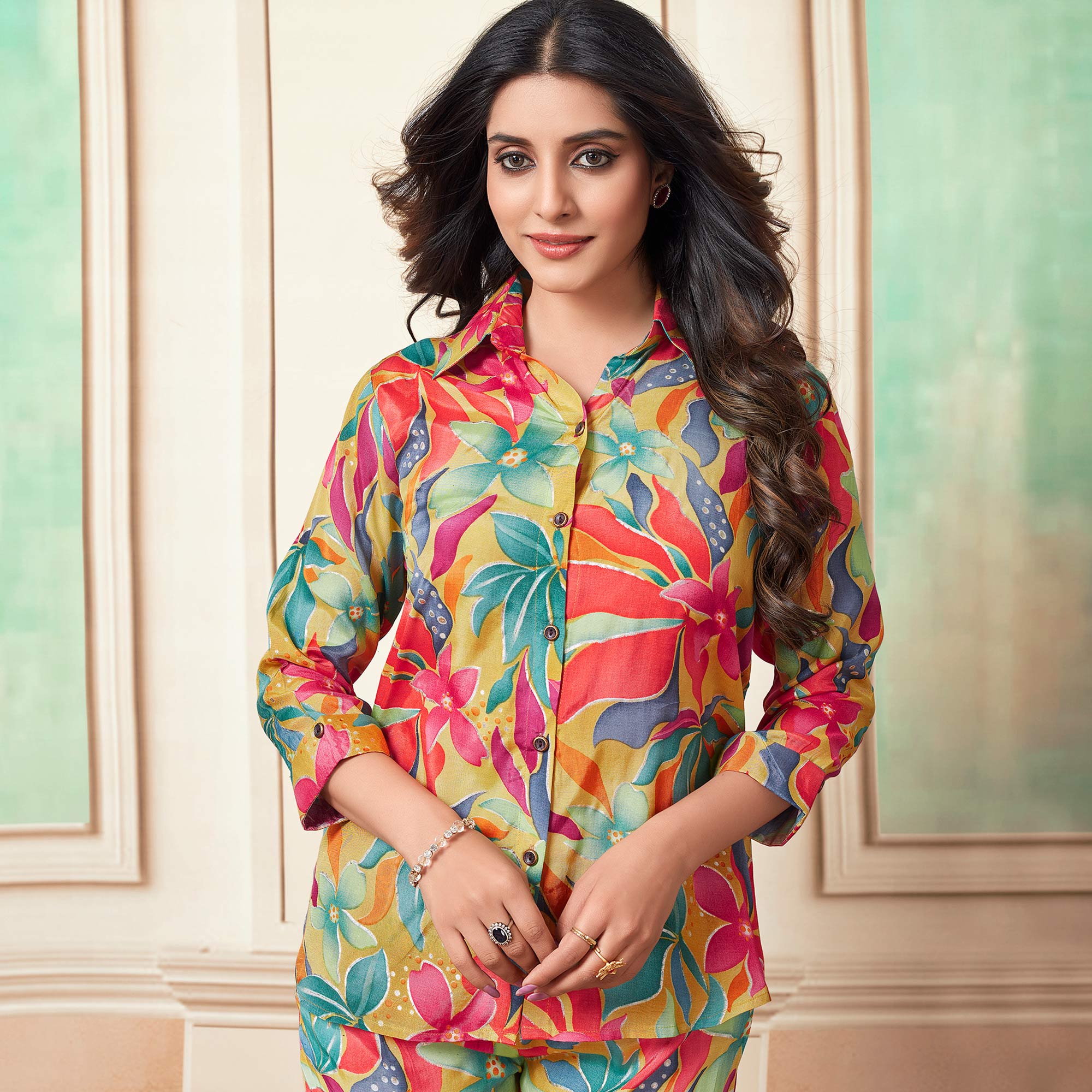 Multicolor Floral Foil Printed Muslin Co Ord Set