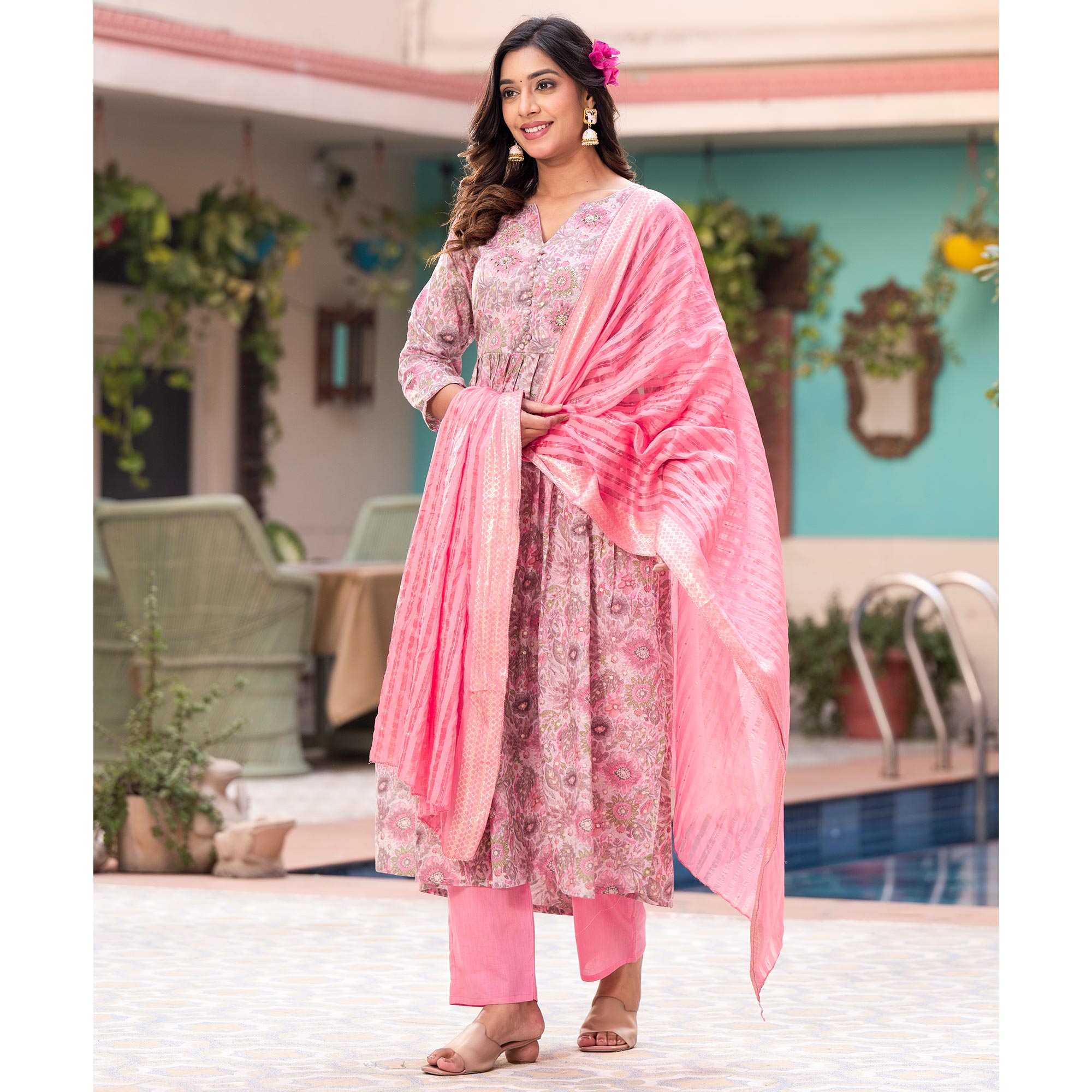 Pink Naira Cut Mulmul Cotton Suit with Handcrafted & Foil Print