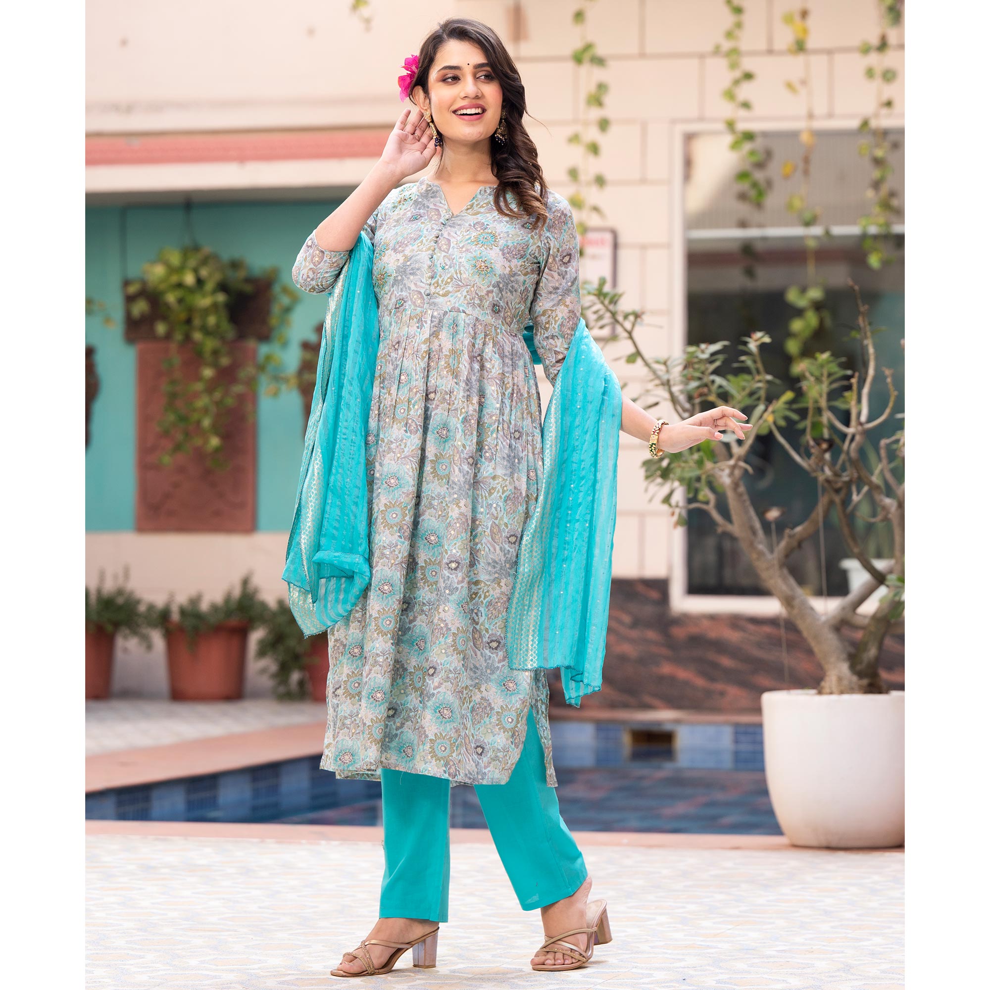 Turquoise Naira Cut Mulmul Cotton Suit with Handcrafted & Foil Print