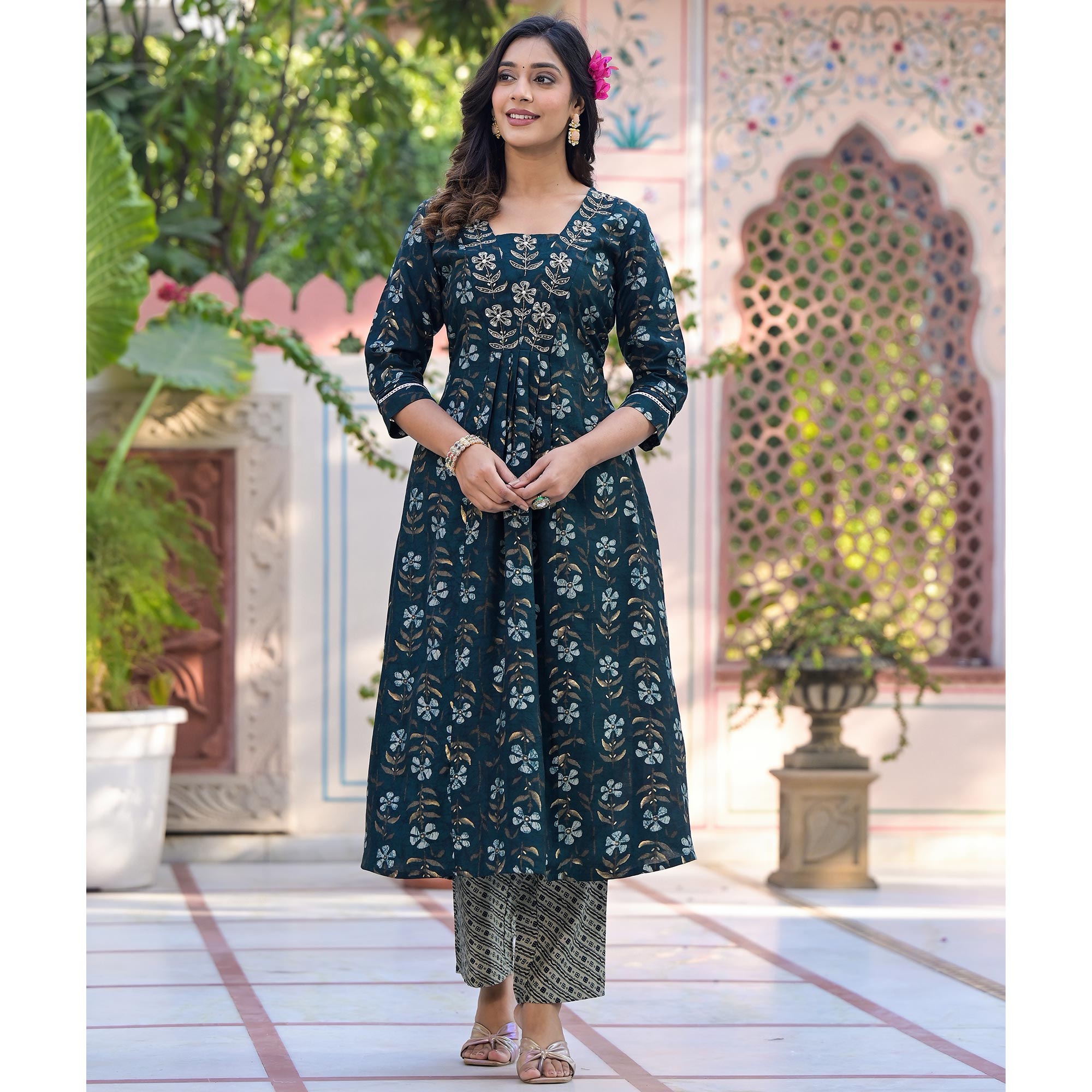 Teal Blue Anarkali Chanderi Silk Suit With Hancrafted & Foil Print