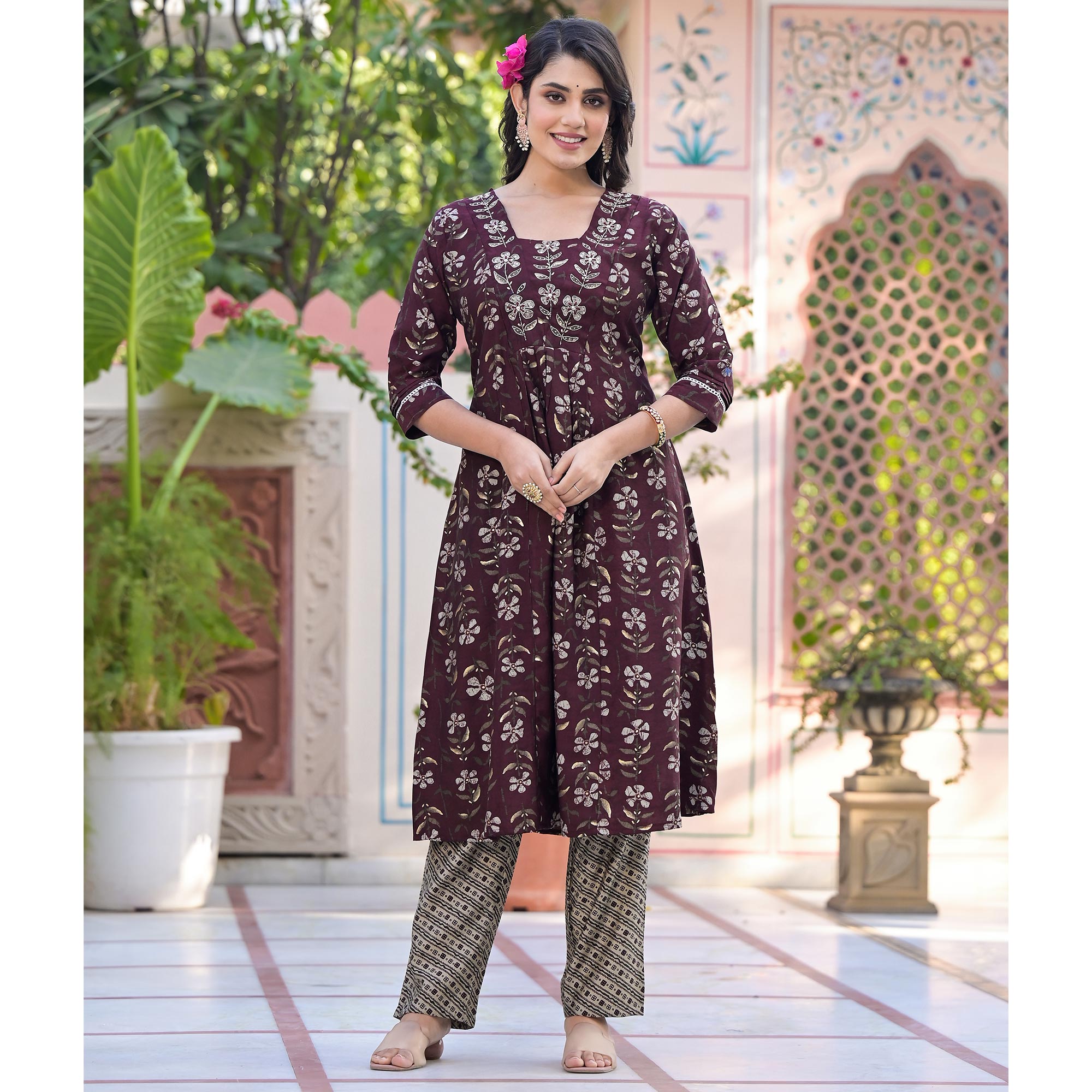 Wine Anarkali Chanderi Silk Suit With Hancrafted & Foil Print