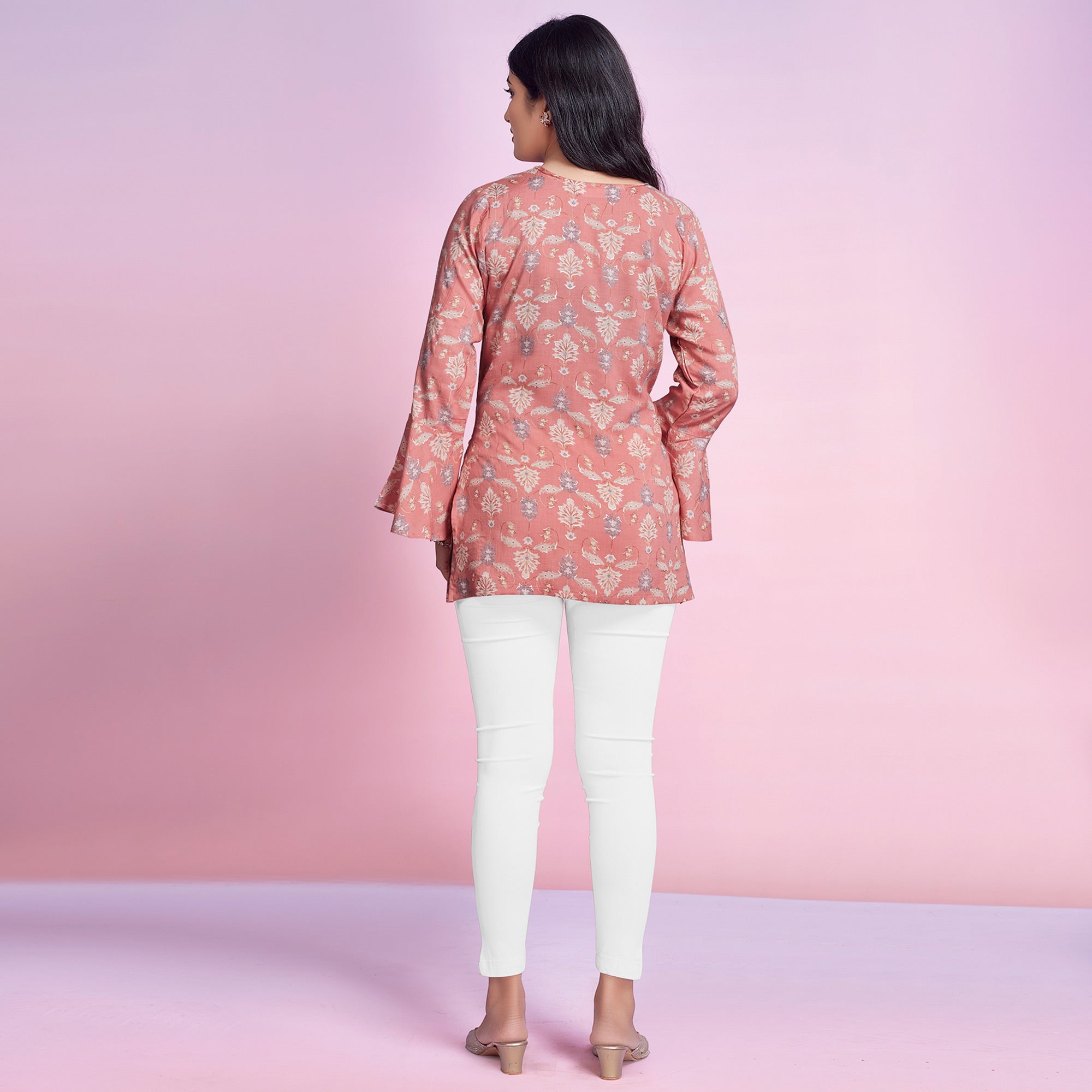 Peach Floral Foil Printed Chanderi Silk Top