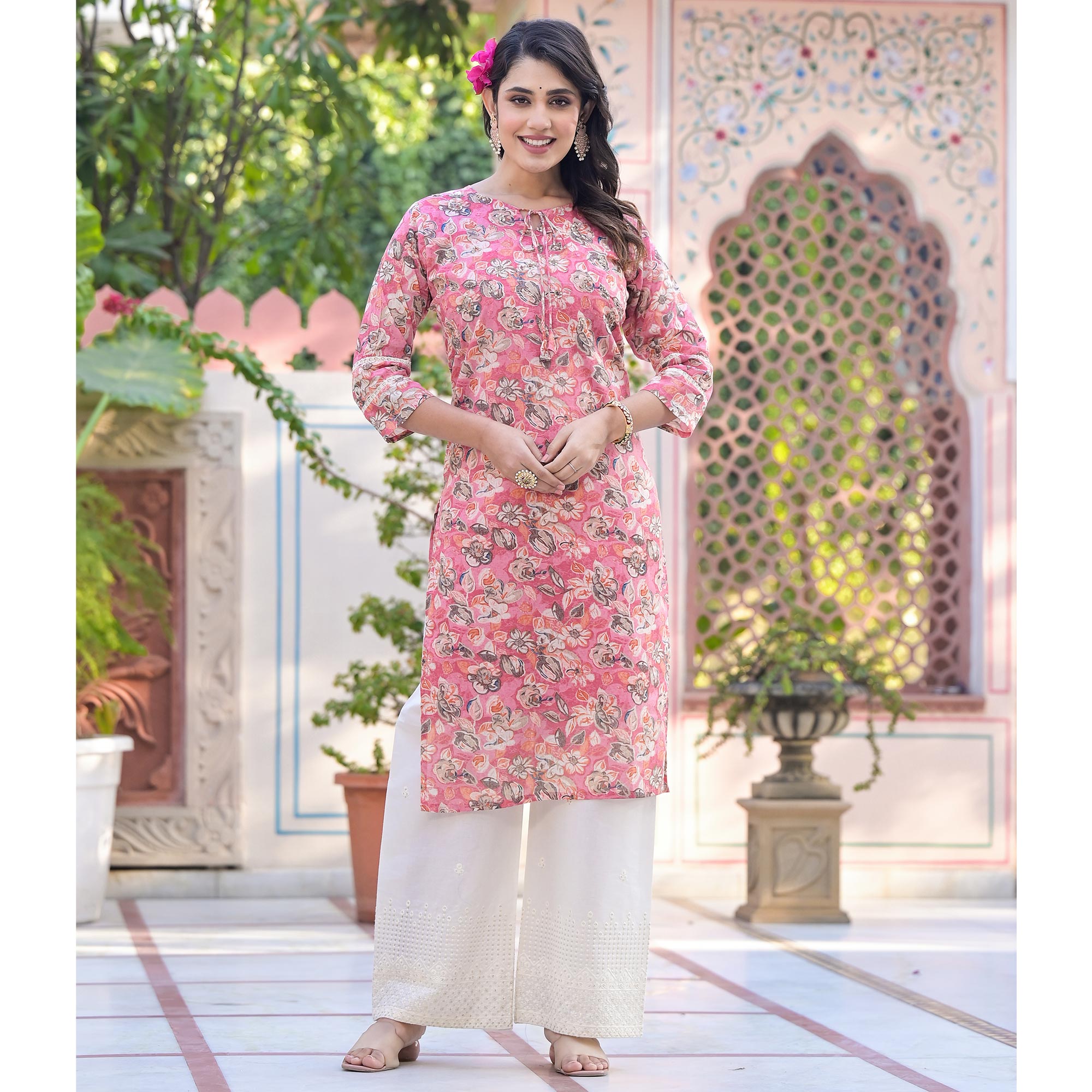 Pink Floral Mul Cotton Suit With Handcrafted & Foil Print
