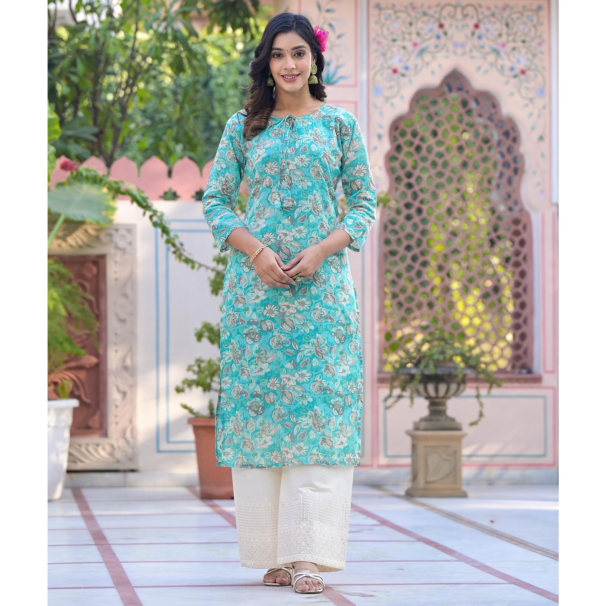 Turquoise Floral Mul Cotton Suit With Handcrafted & Foil Print