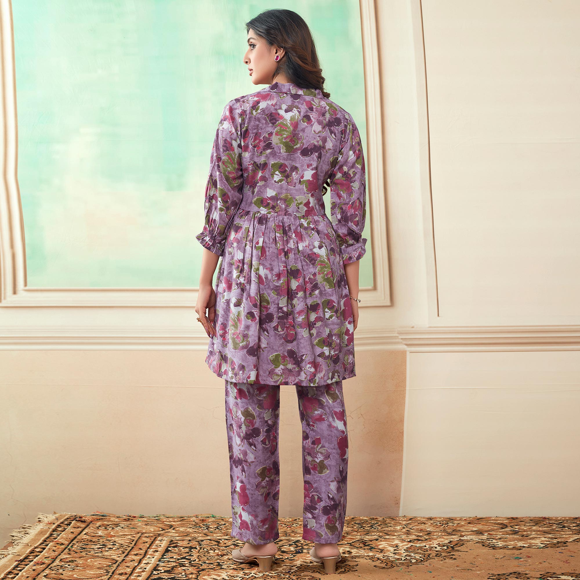 Lavender Floral Foil Printed Chanderi Silk Co Ord Set