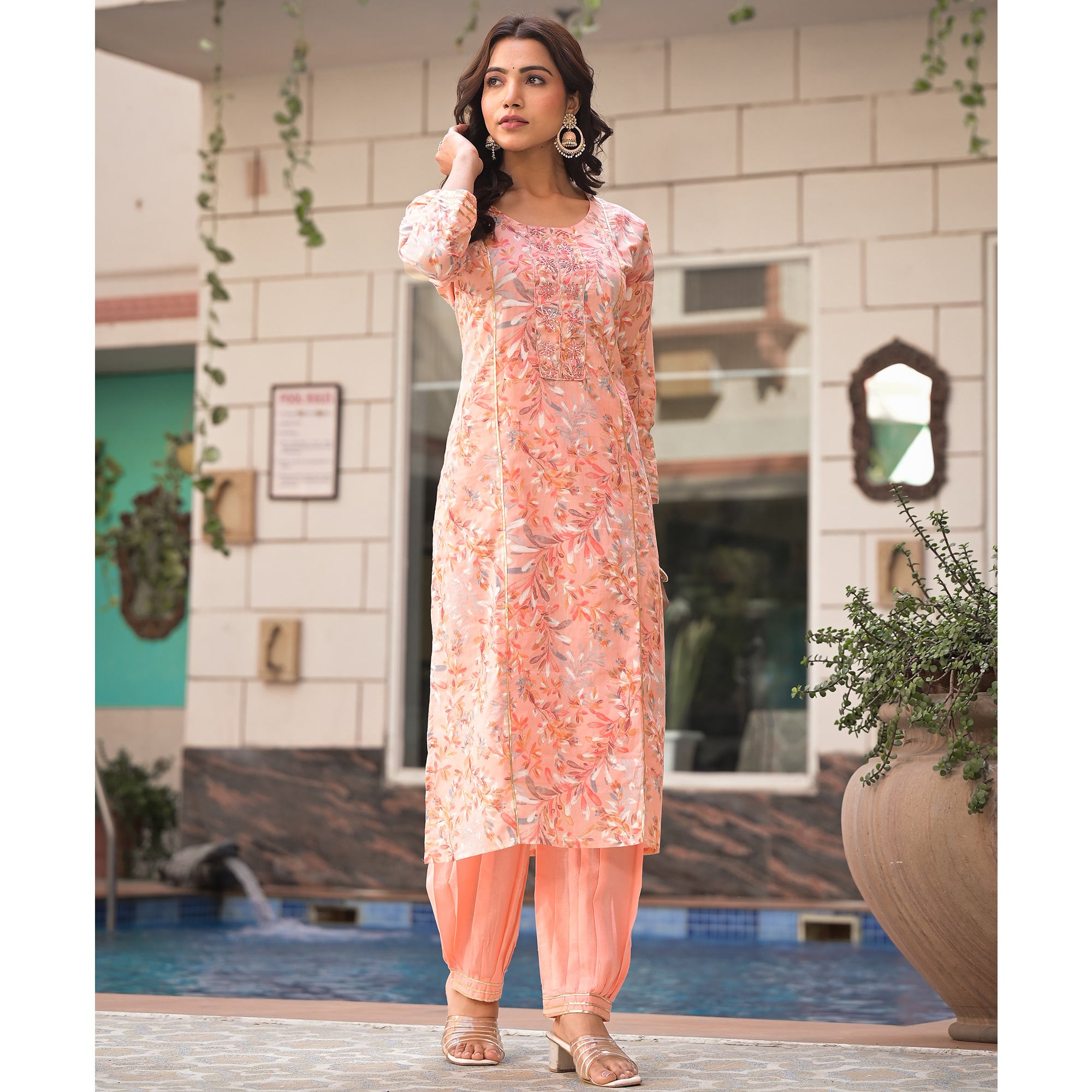 Peach Floral Foil Printed Pure Cotton A-Line Salwar Suit