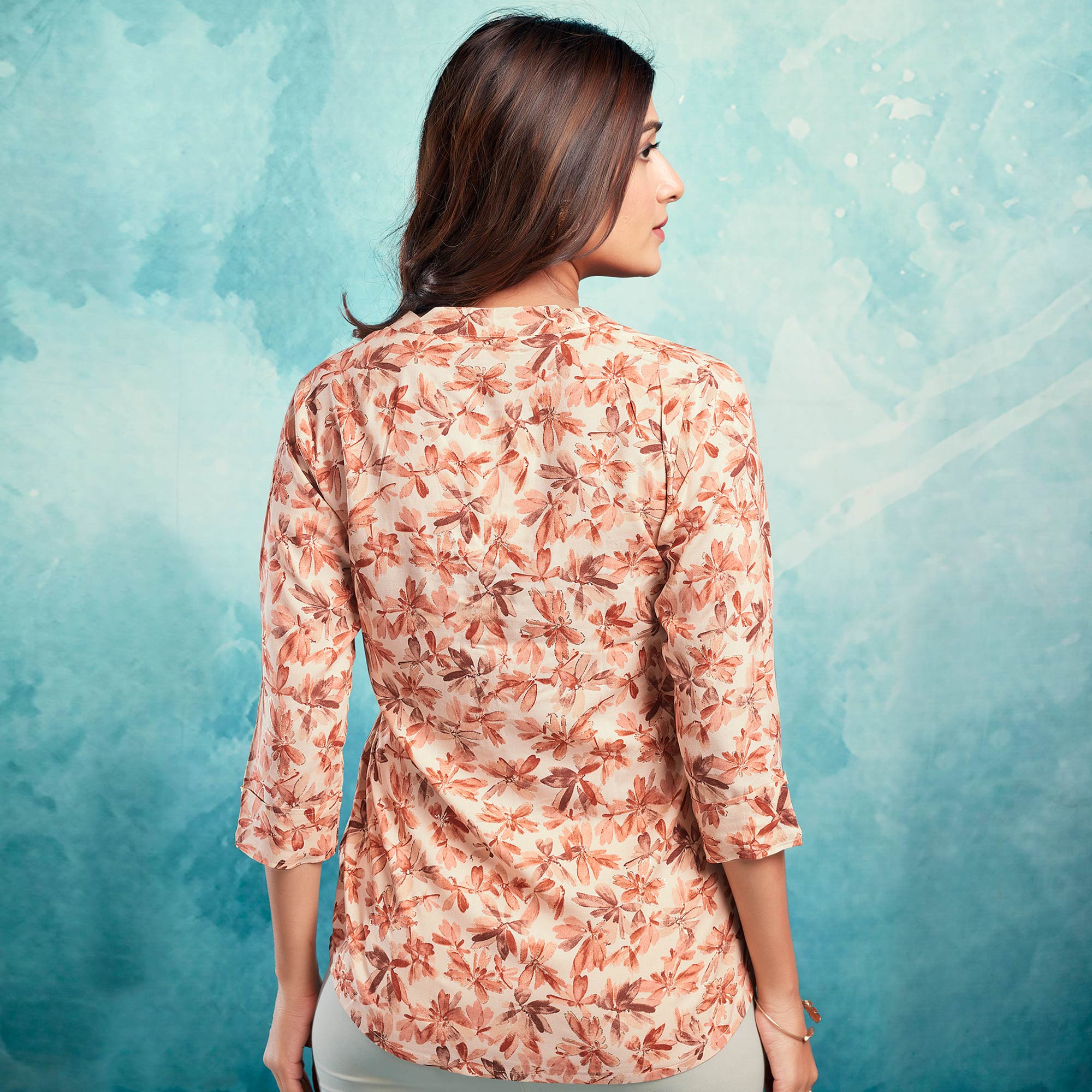 Cream & Peach Floral Foil Printed Rayon Straight Top