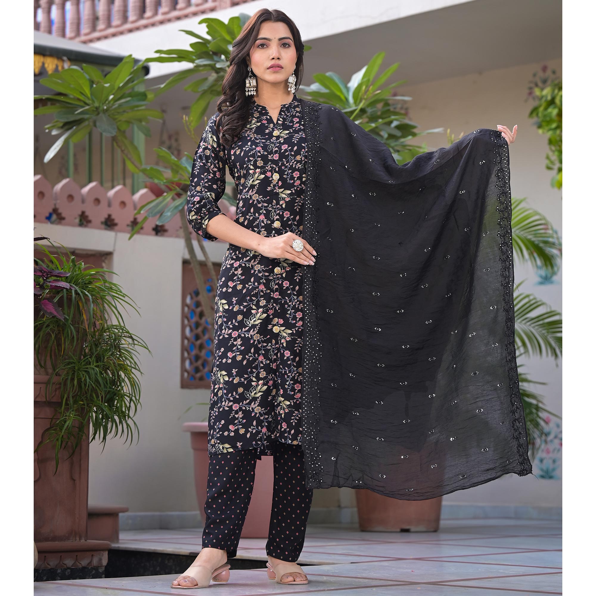 Black Floral Foil Printed Rayon Salwar Suits