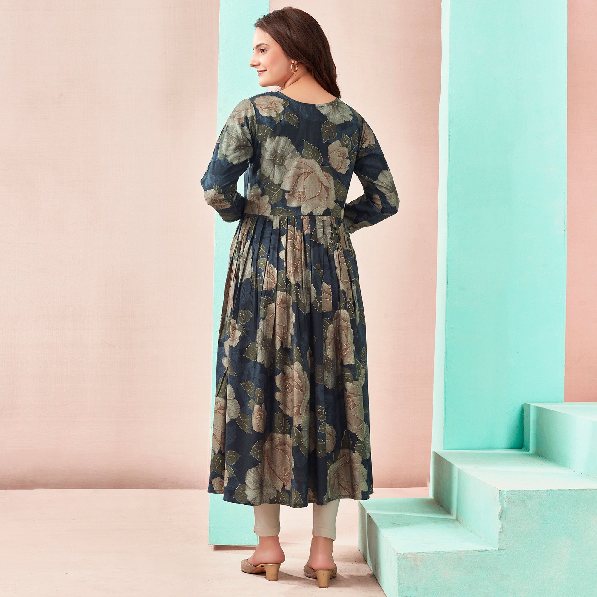 Navy Blue Floral Foil Printed Chanderi Silk Kurti