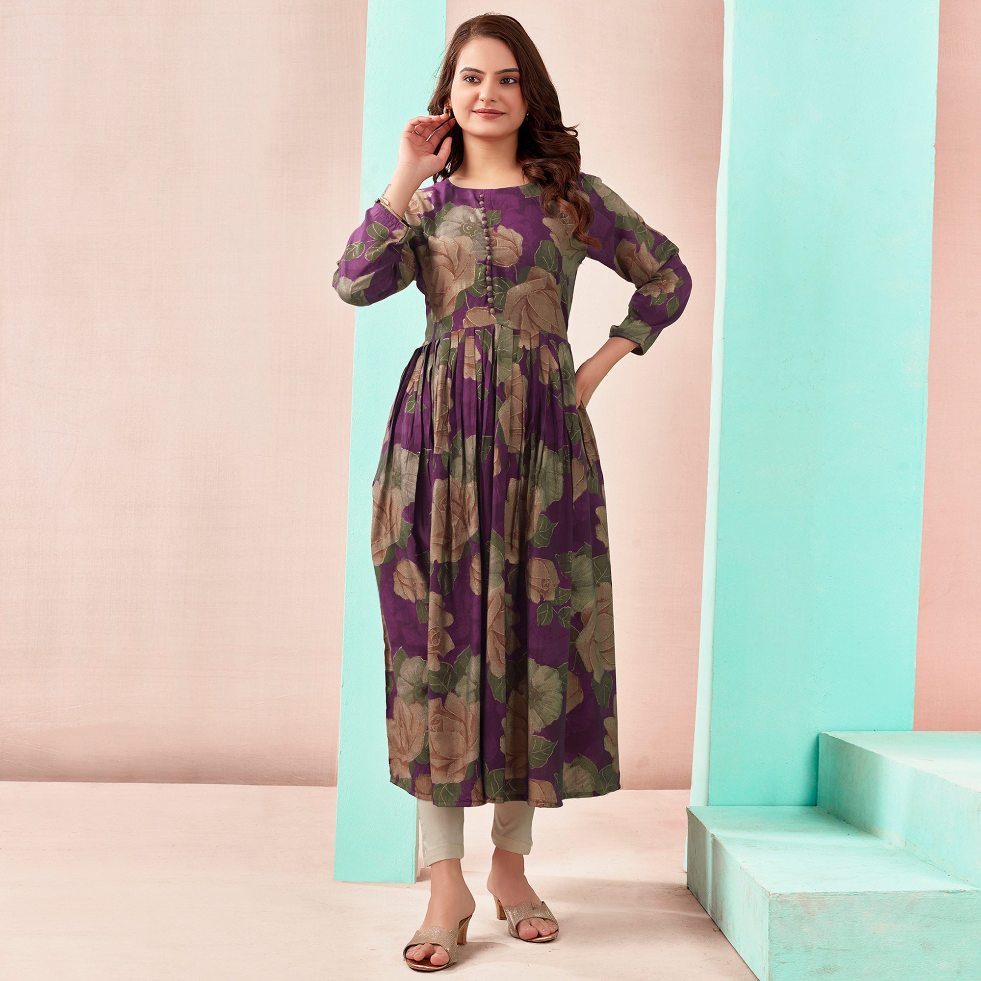 Wine Floral Foil Printed Chanderi Silk Kurti