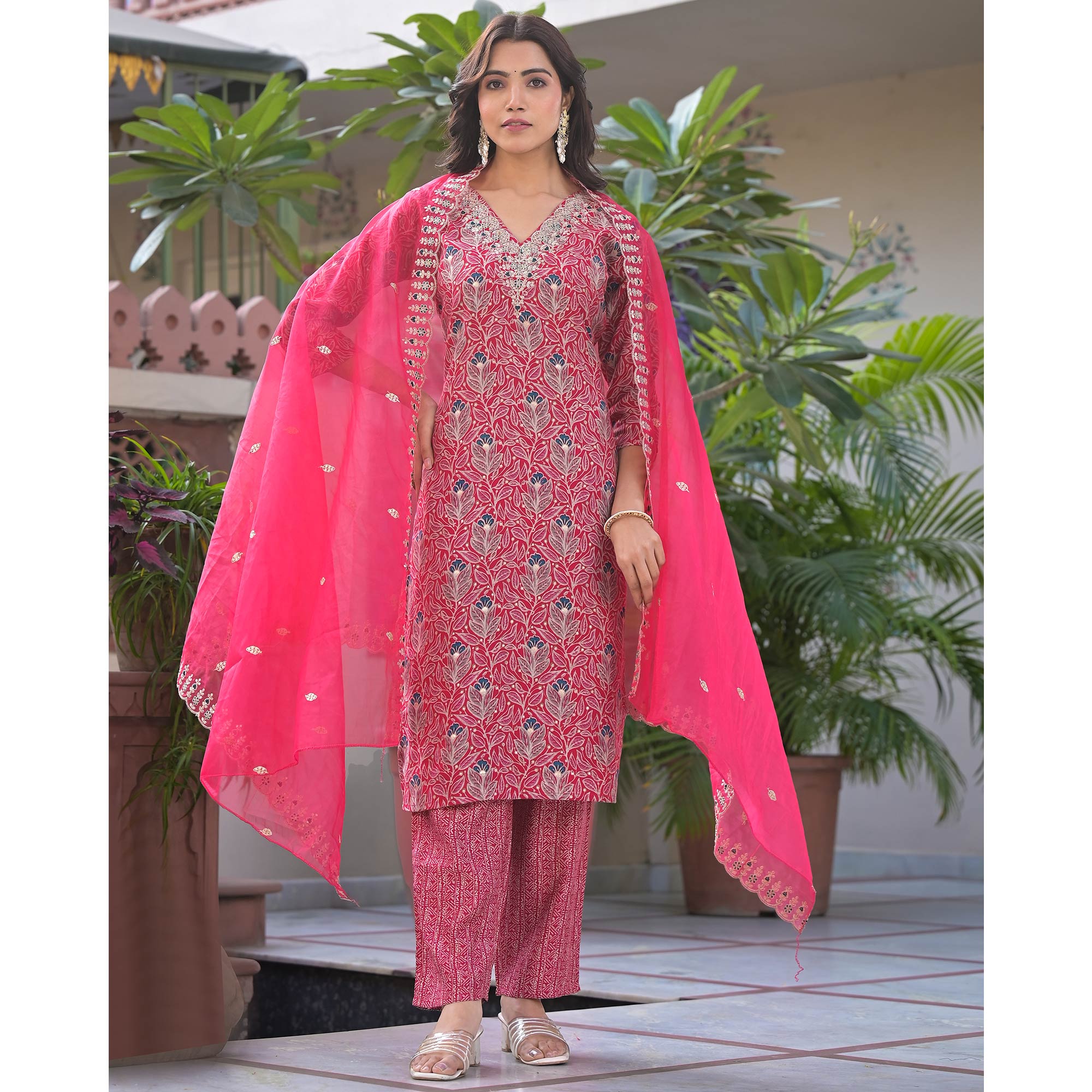 Pink Foil Printed Chanderi Straight Cut Salwar Suit