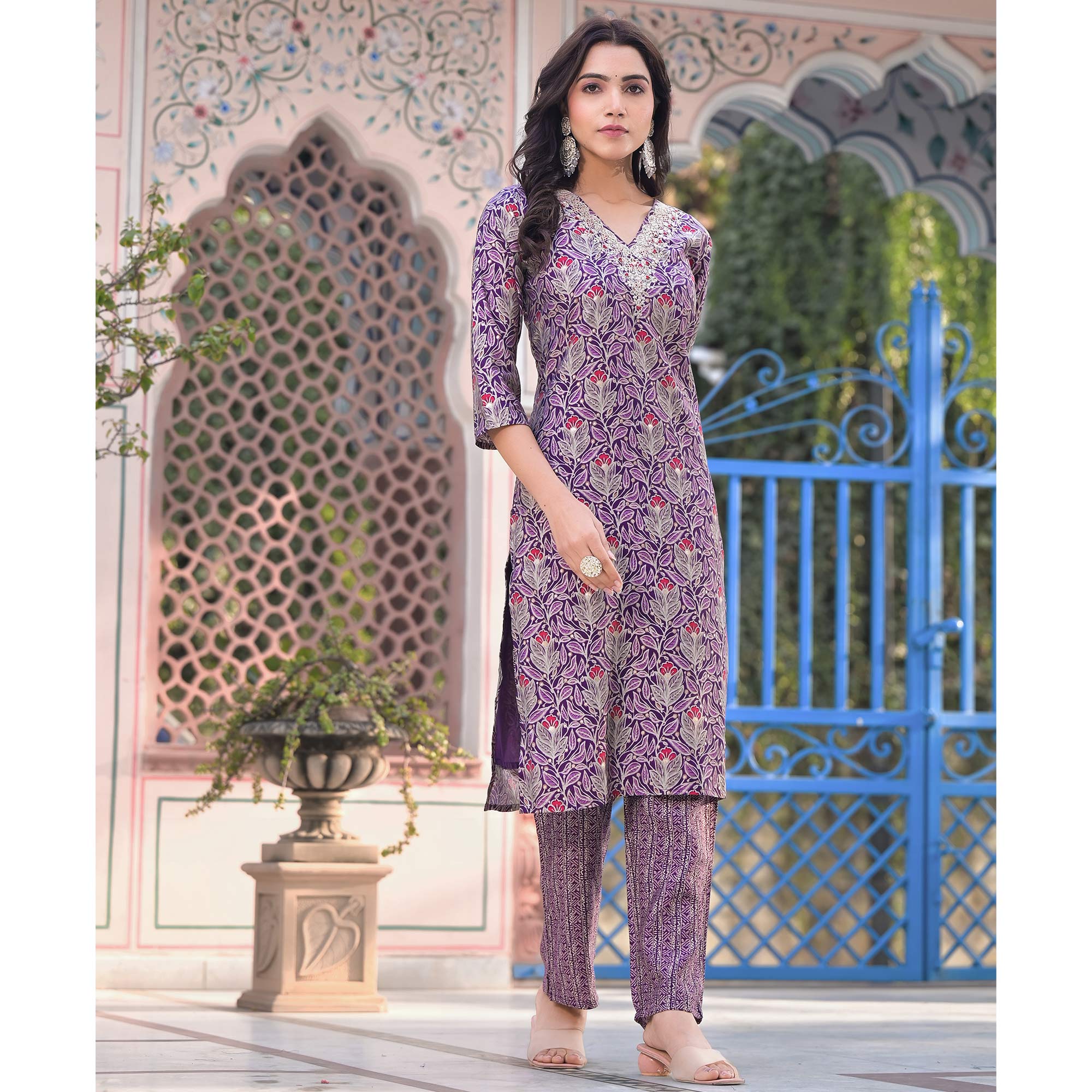 Purple Foil Printed Chanderi Straight Cut Salwar Suit