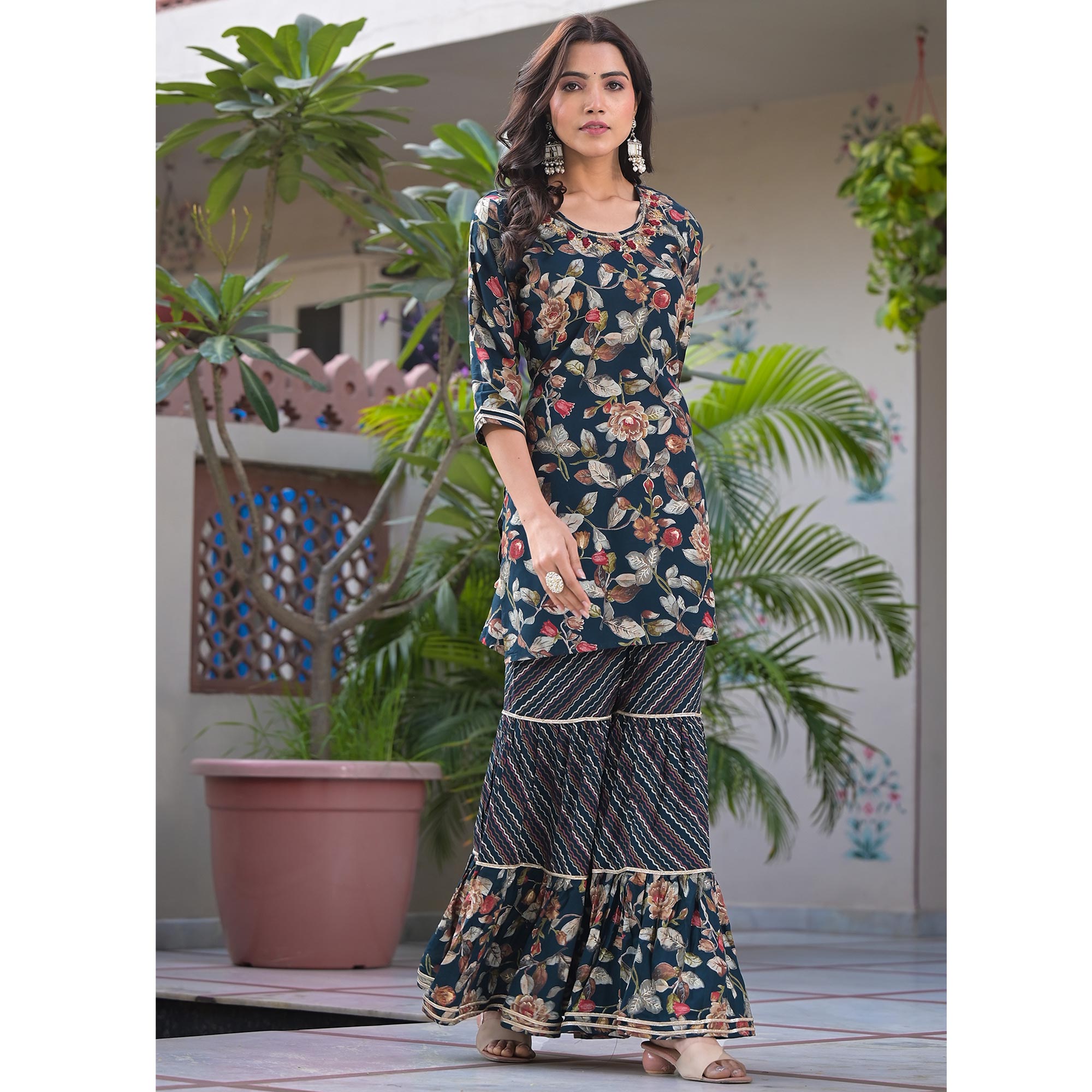 Green Floral Foil Printed Rayon Sharara Suit With Handcrafted
