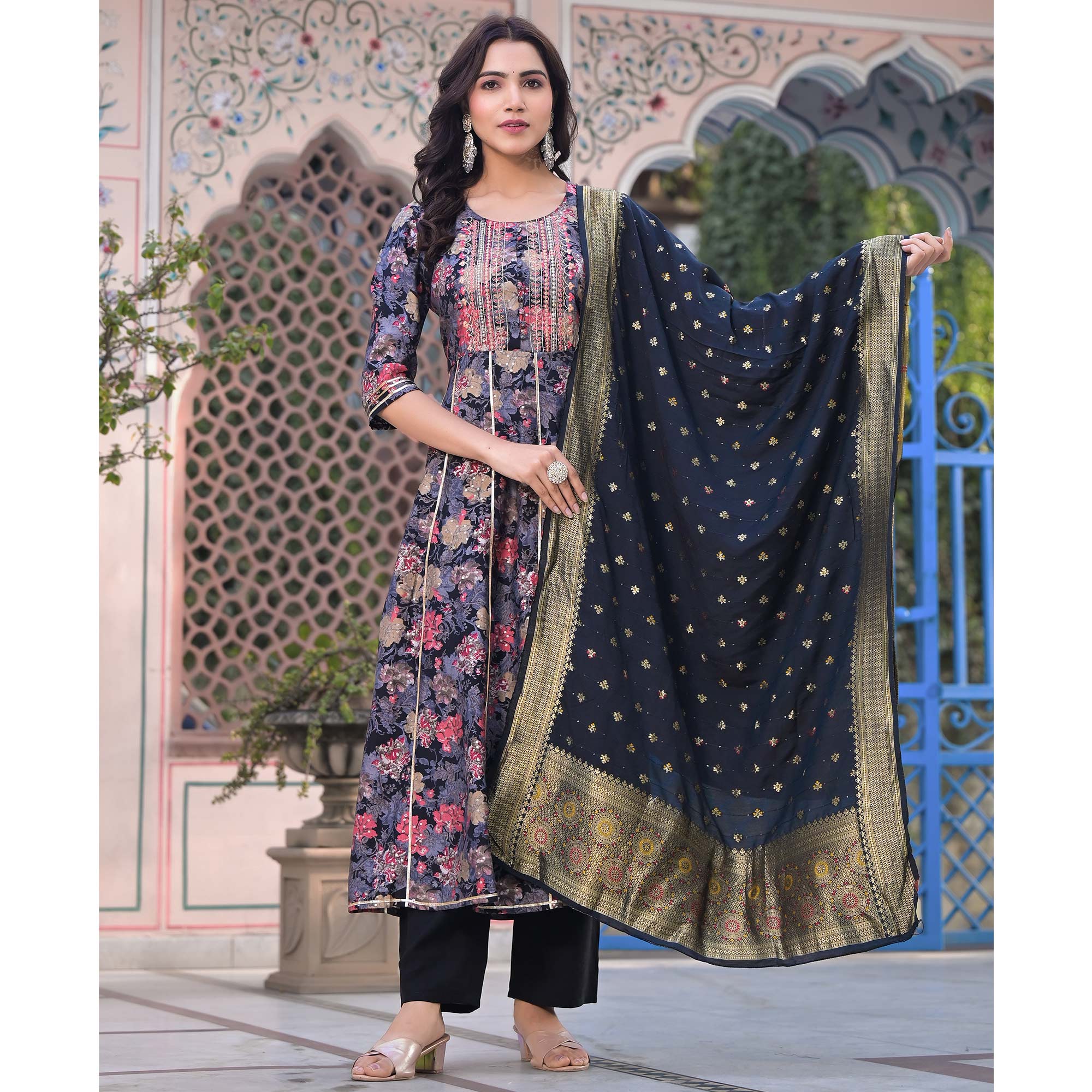 Black Floral Foil Printed Chanderi Silk Anarkali Salwar Suit