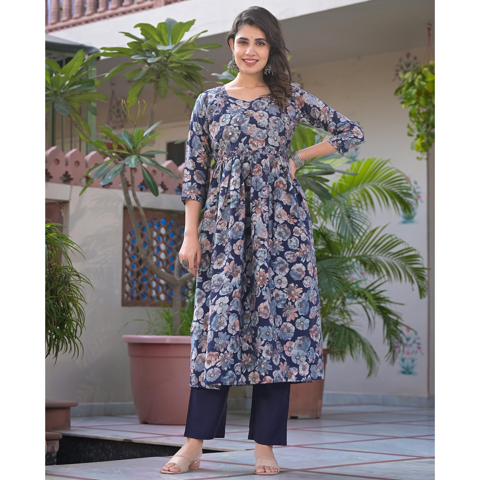 Navy Blue Floral Printed Chanderi Silk Salwar Suit With Handcrafted