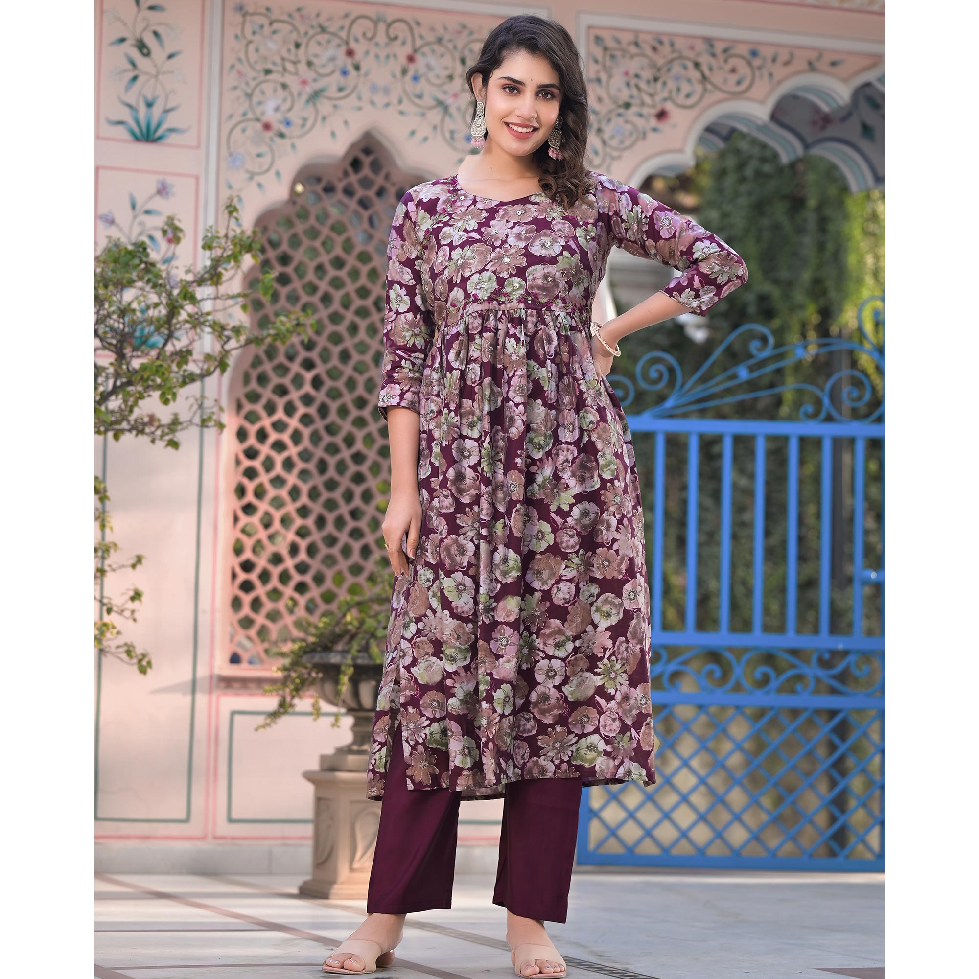 Wine Floral Printed Chanderi Silk Salwar Suit With Handcrafted