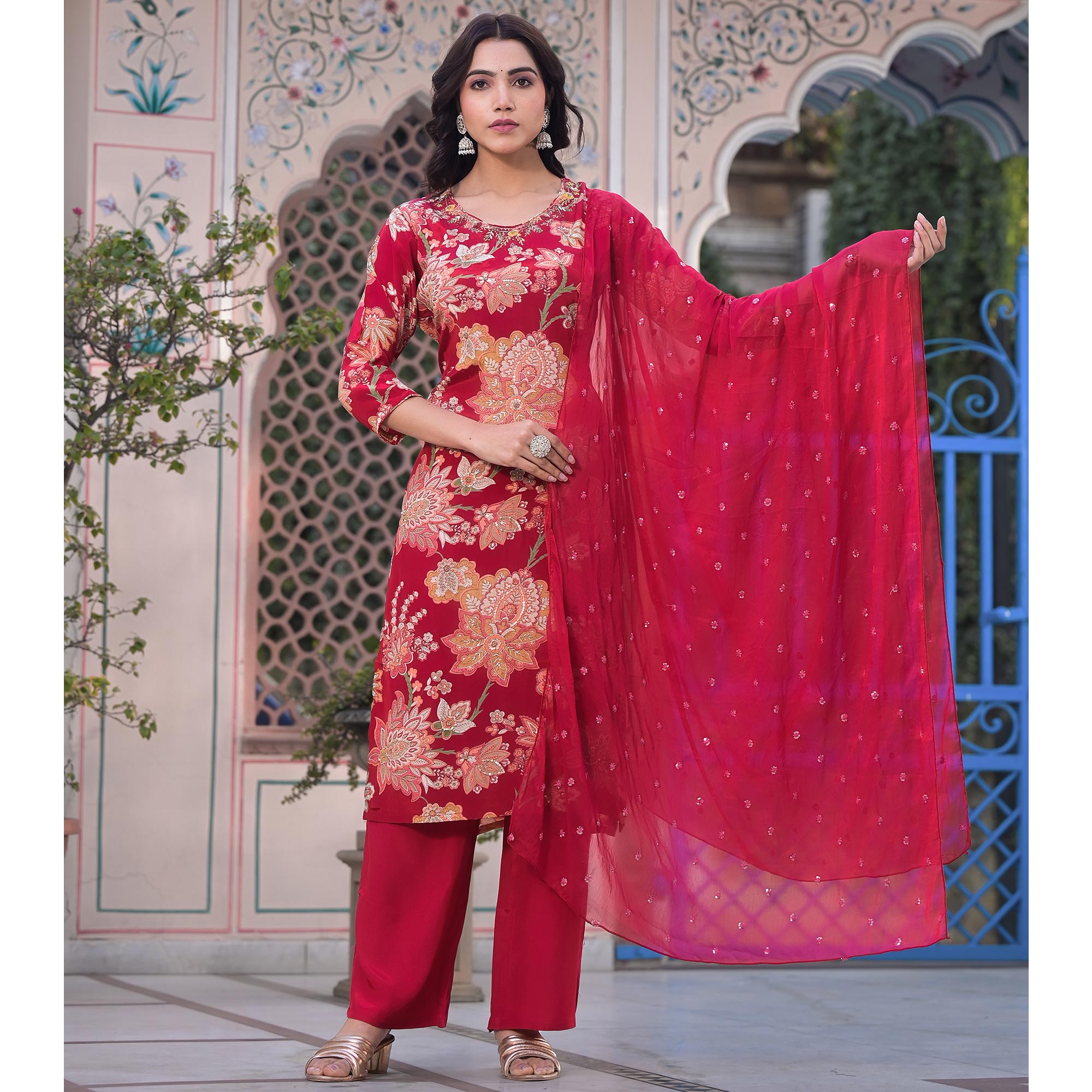 Red Floral Printed Beads Embroidered Crepe Salwar Suit