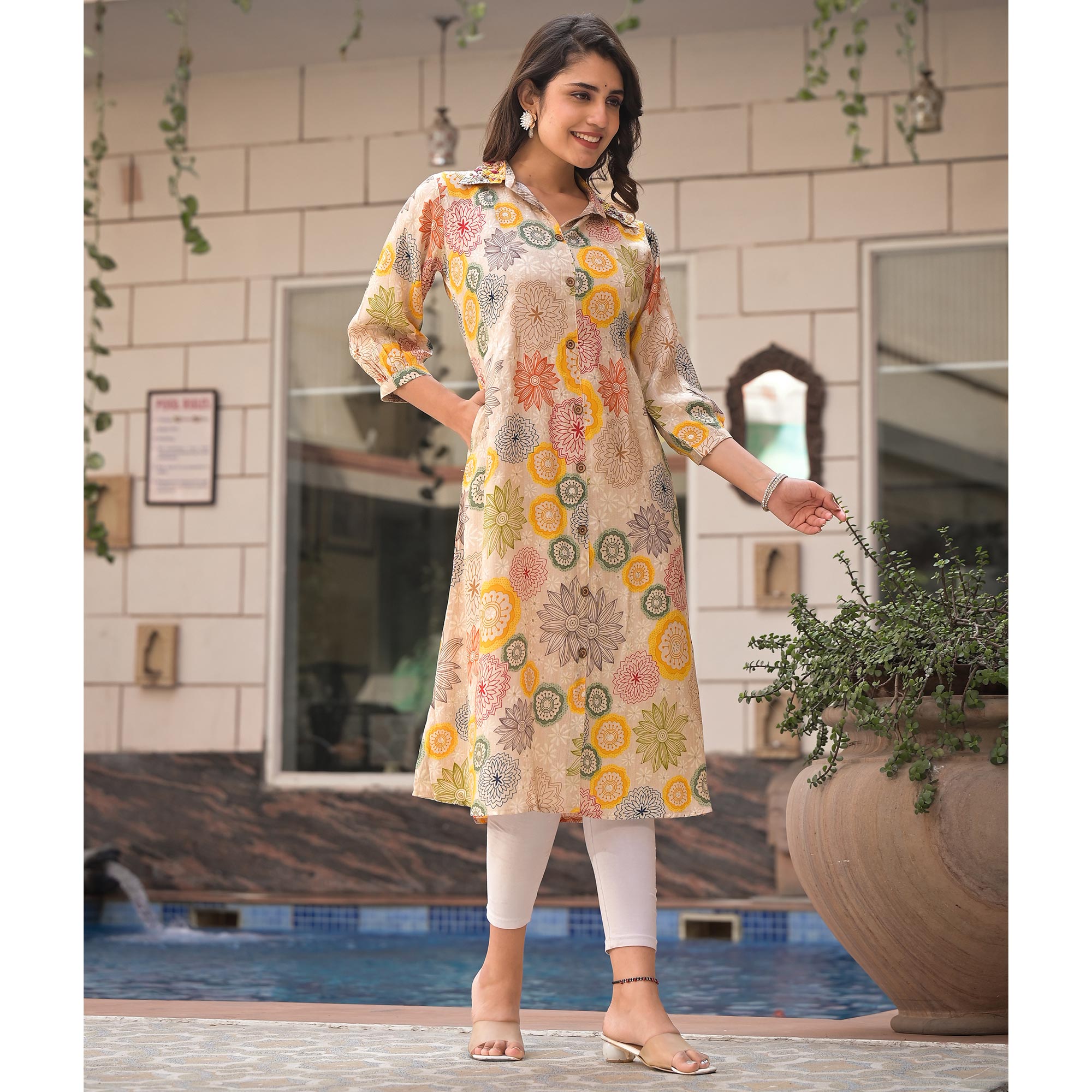 Multicolor Floral Printed Muslin A-line Kurti Dress