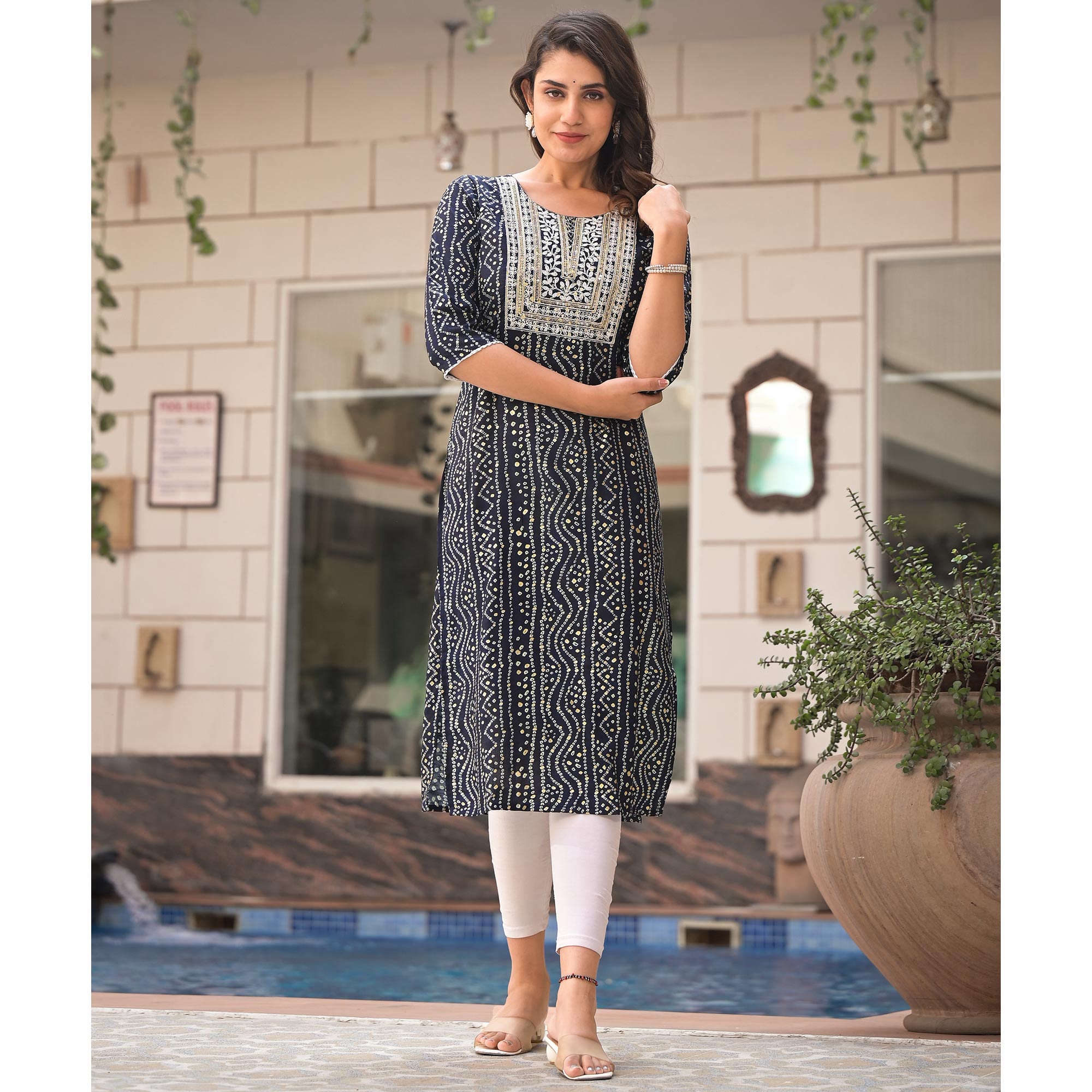 Blue Foil Bandhani Printed With Embroidered Rayon Kurti