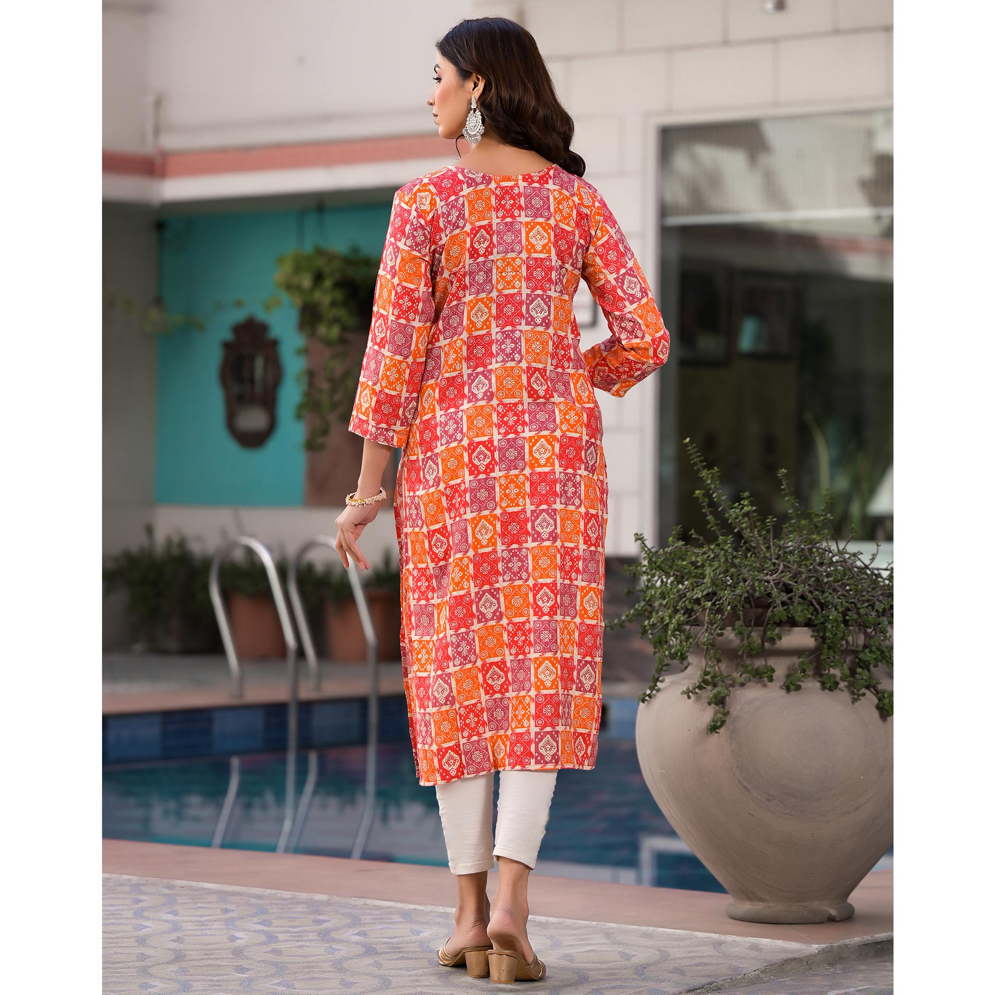 Red & Orange Bandhani Foil Printed Rayon Straight Kurti