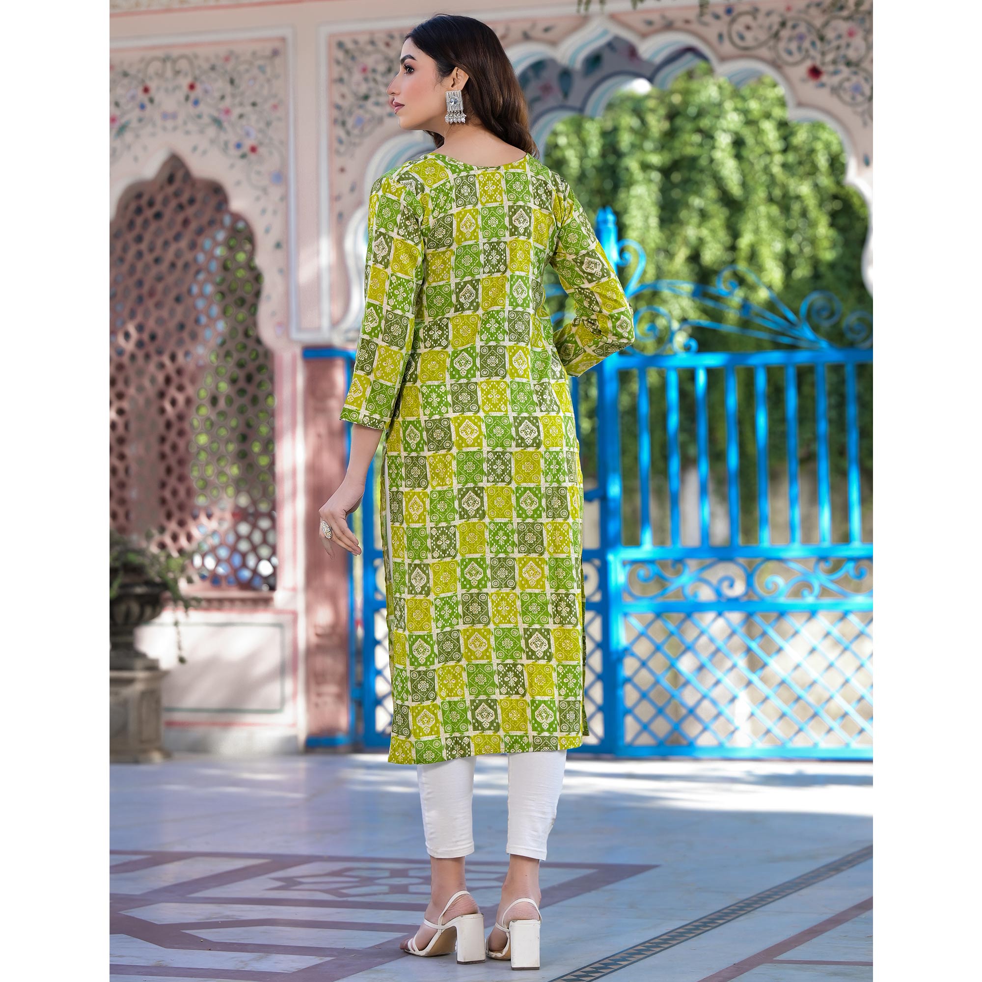 Yellow & Green Bandhani Foil Printed Rayon Straight Kurti