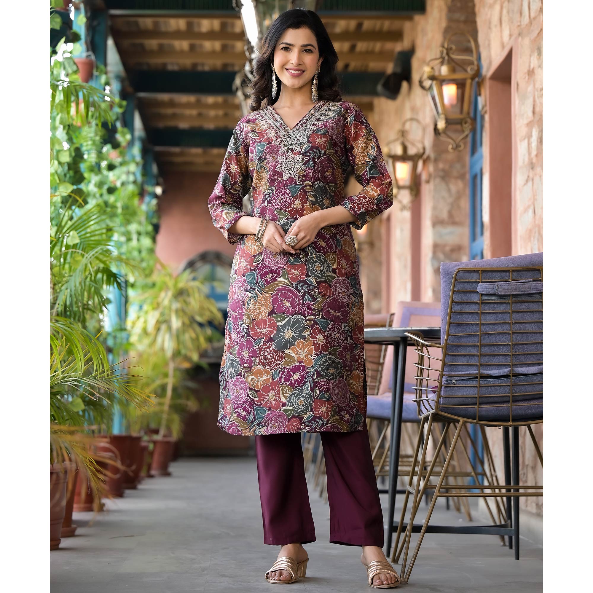 Wine Floral Printed Chanderi Silk Salwar Suit With Sequins Work