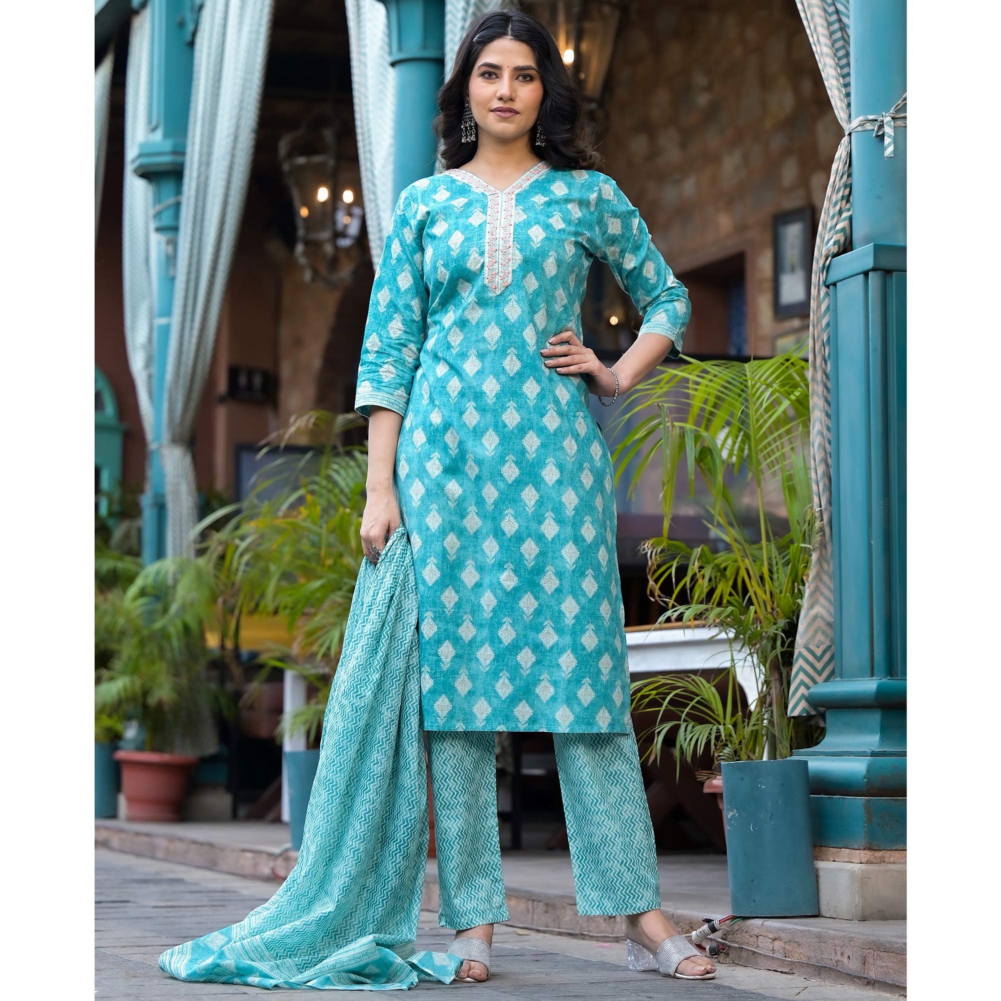 Turquoise Printed Pure Cotton Salwar Suit With Handcrafted