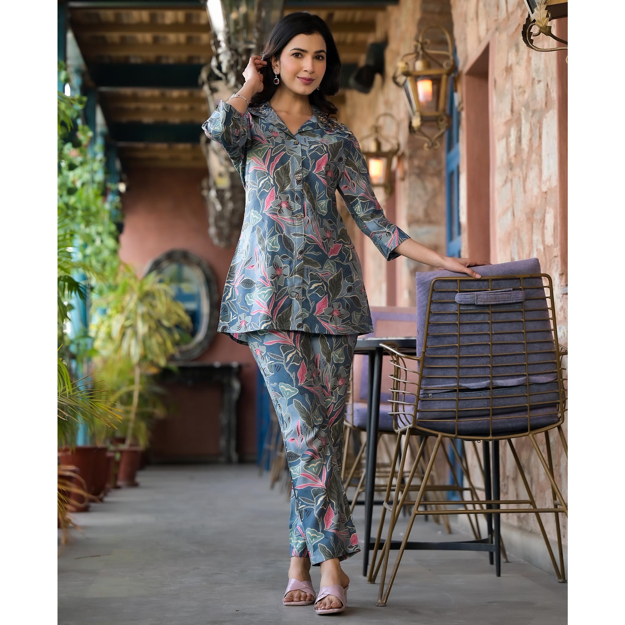 Denim Blue Floral Printed Chanderi Silk Co-Ord Sets With Handcrafted