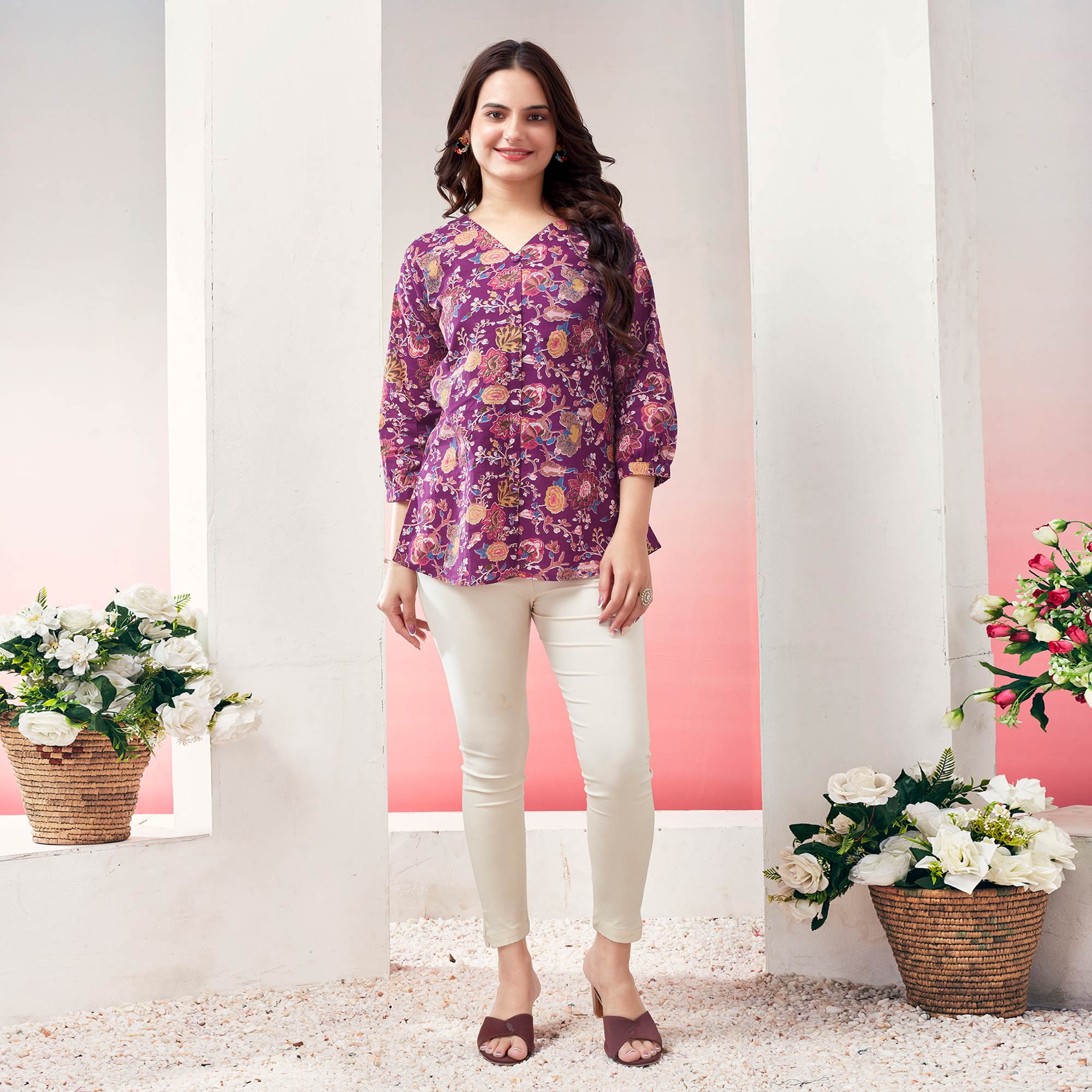 Purple Floral Printed Pure Cotton Top