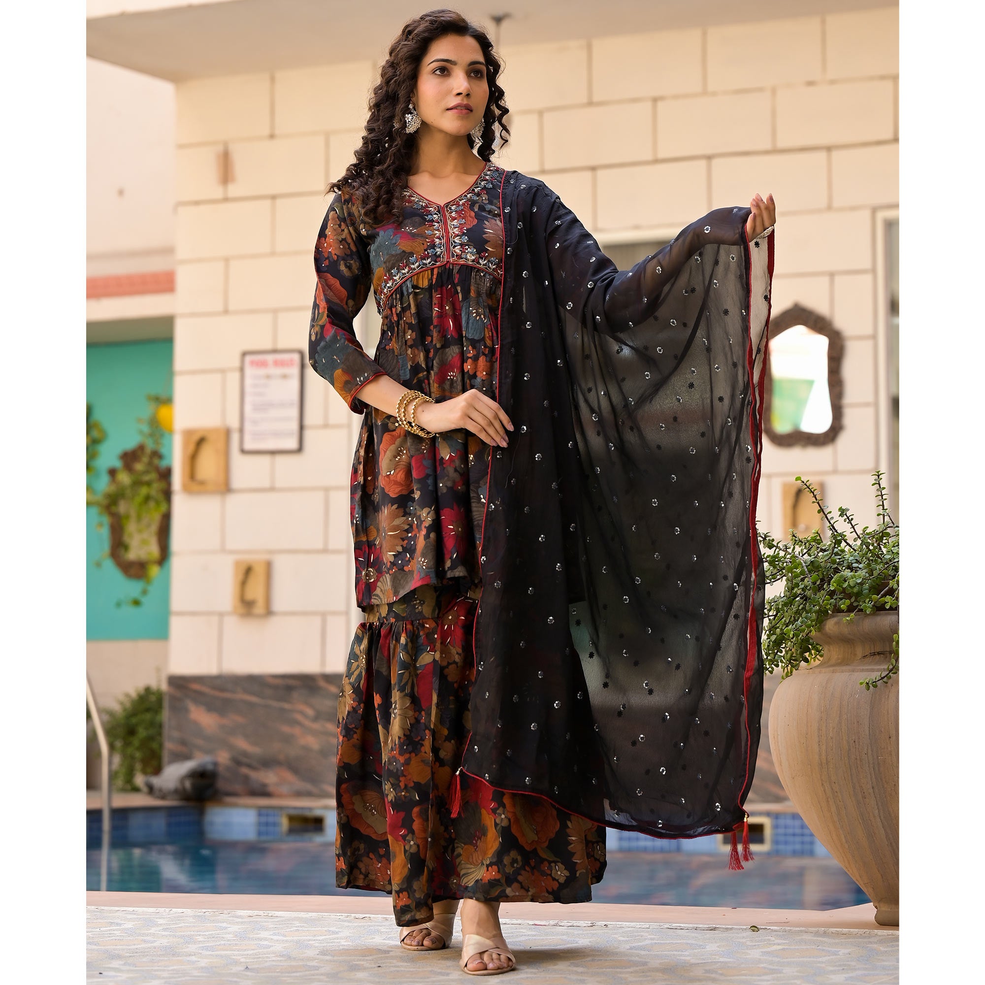 Black Floral Foil Printed Chanderi Silk Sharara Suit