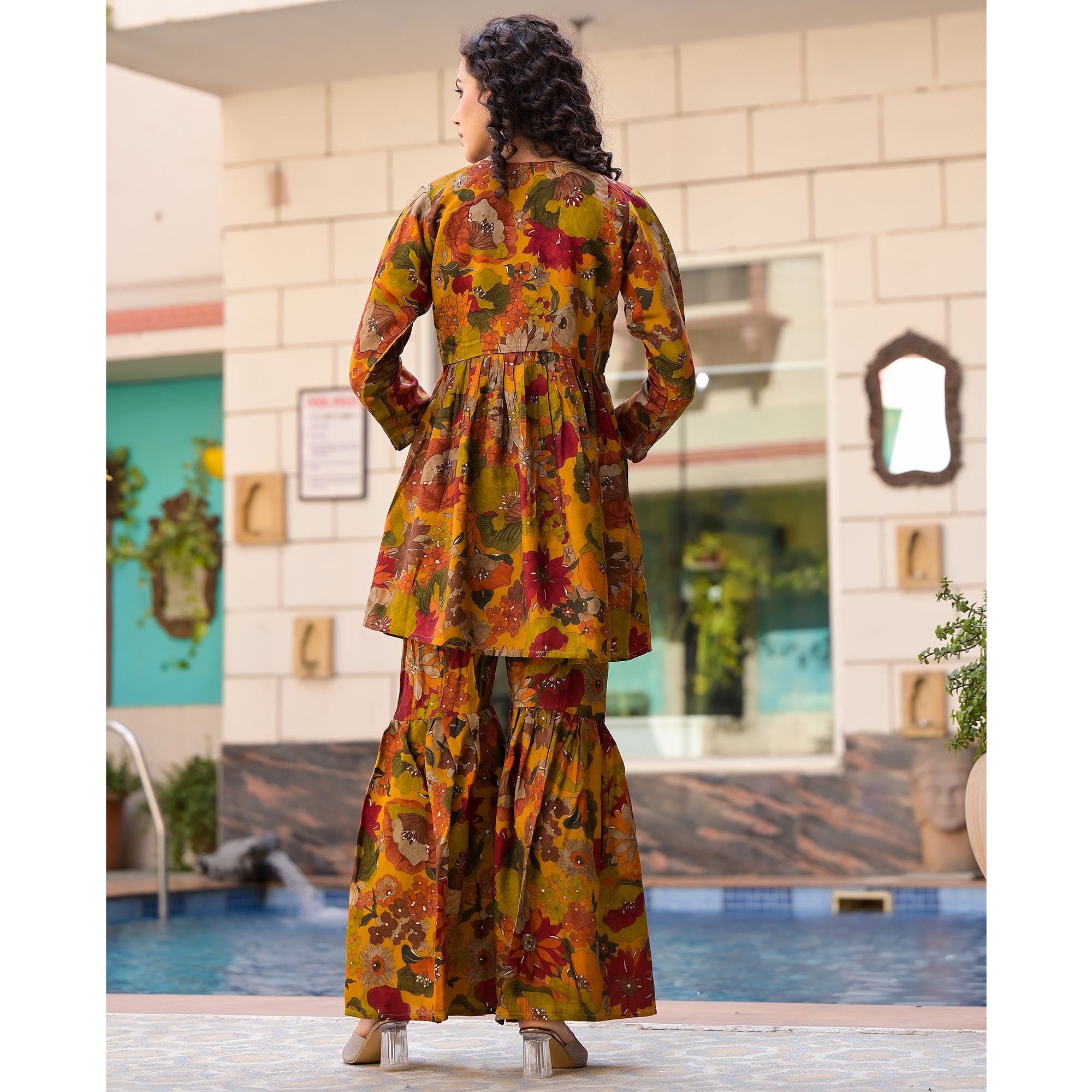 Mustard Floral Foil Printed Chanderi Silk Sharara Suit