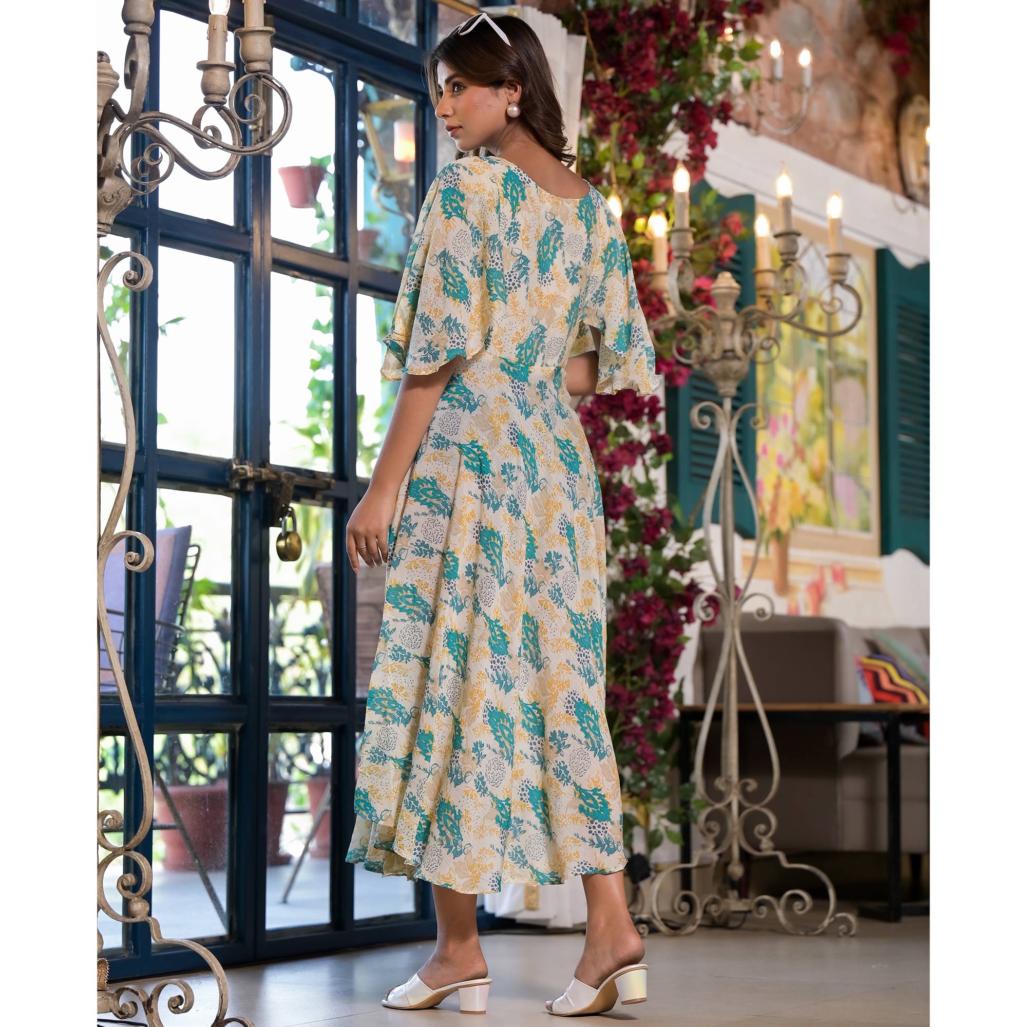 Off White Floral Printed A-Line Chiffon Dress