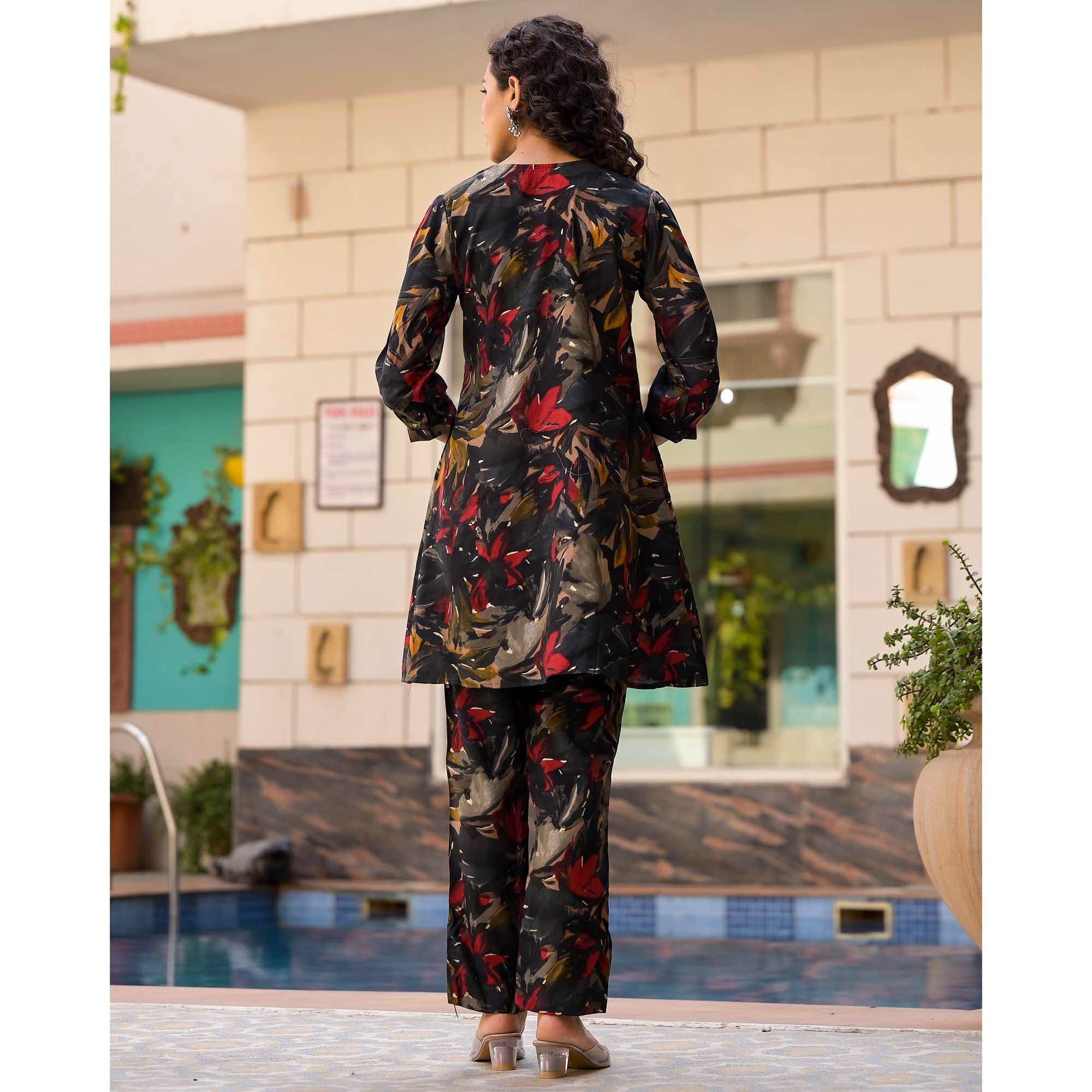 Black Floral Printed Chanderi Silk Co Ord Set