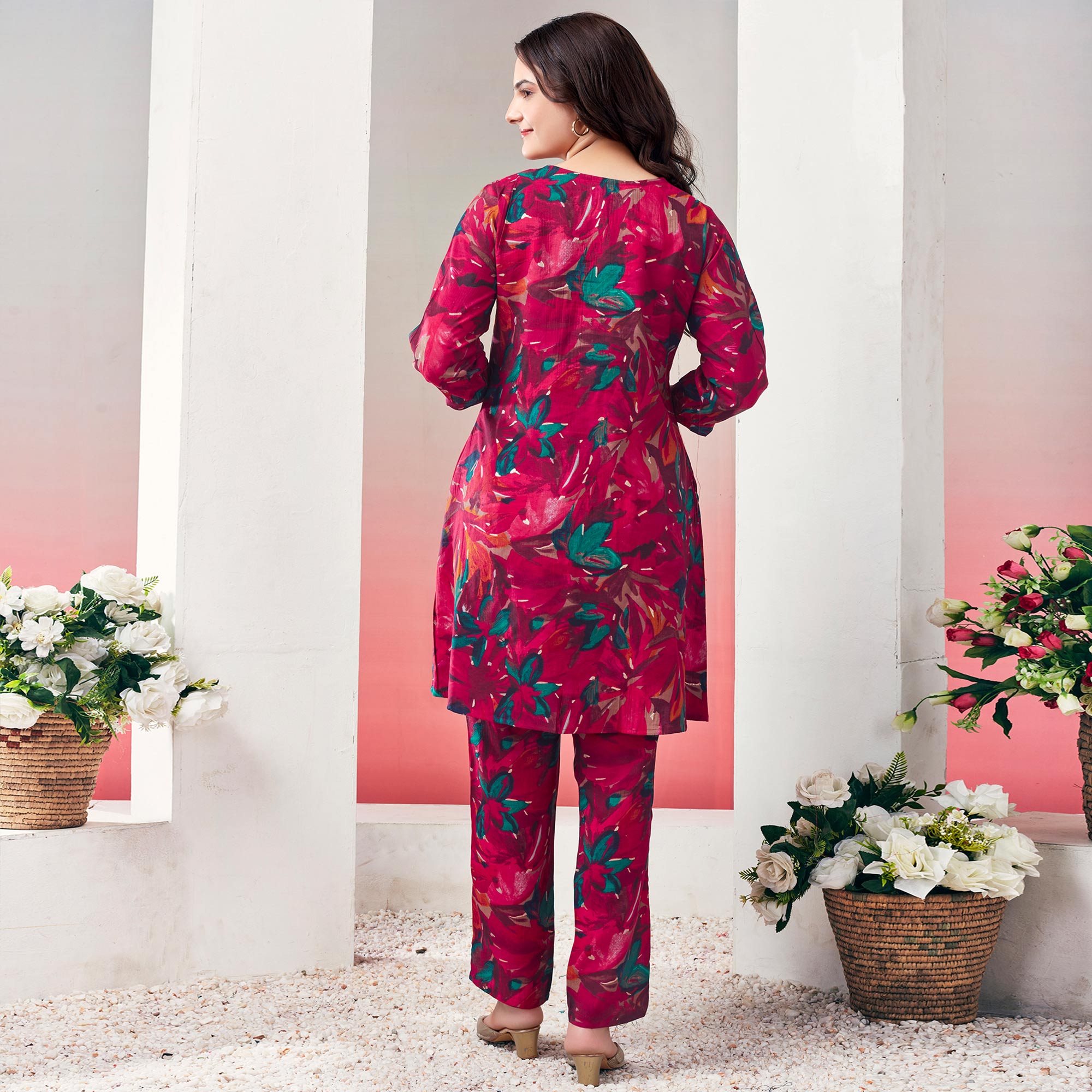 Pink Floral Printed Chanderi Silk Co Ord Set