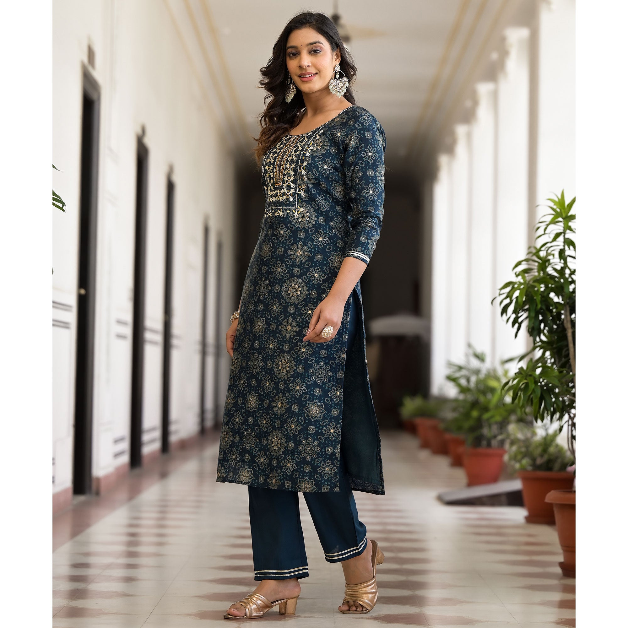 Navy Blue Bandhani Printed Chanderi Silk Straight Salwar Suit