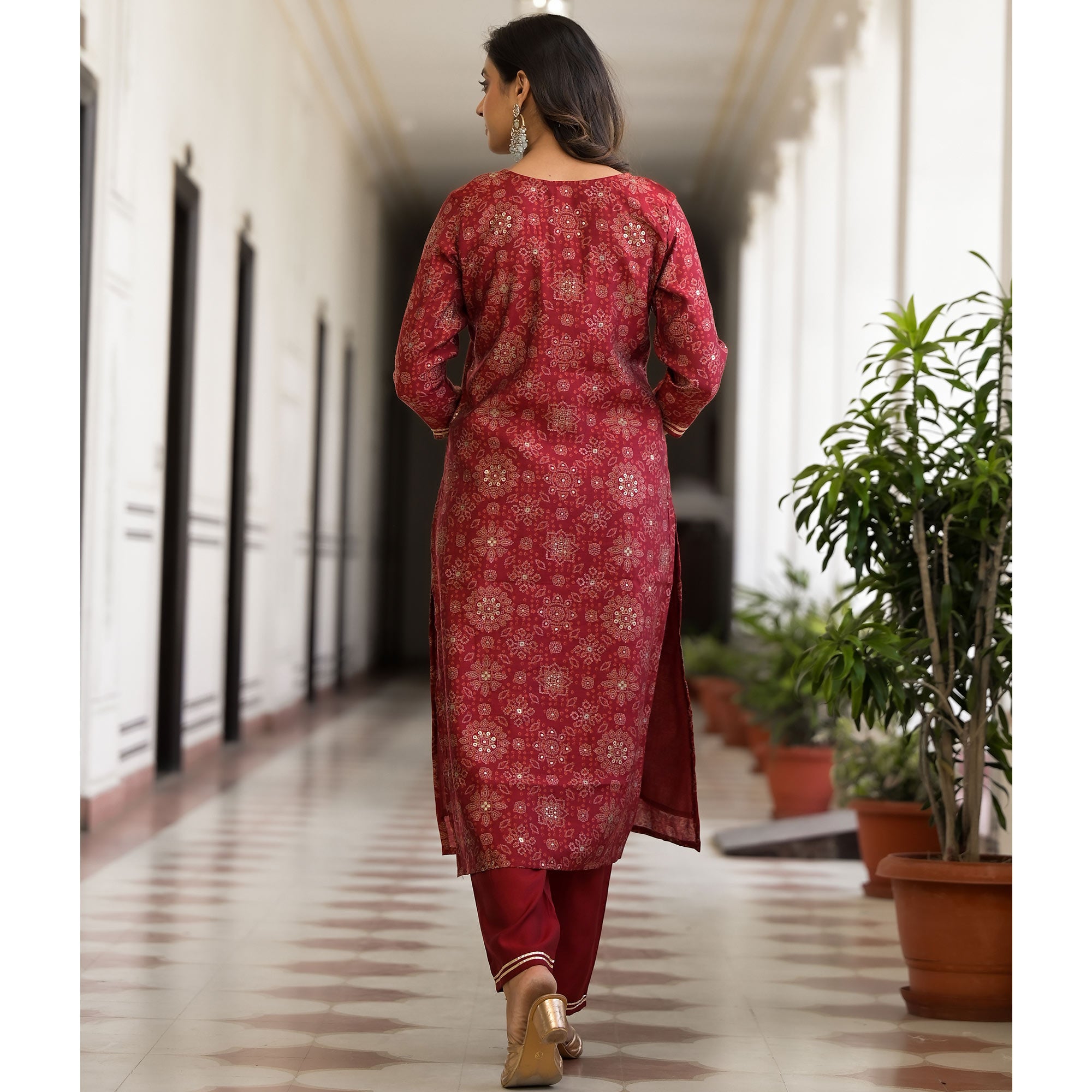 Red Bandhani Printed Chanderi Silk Straight Salwar Suit