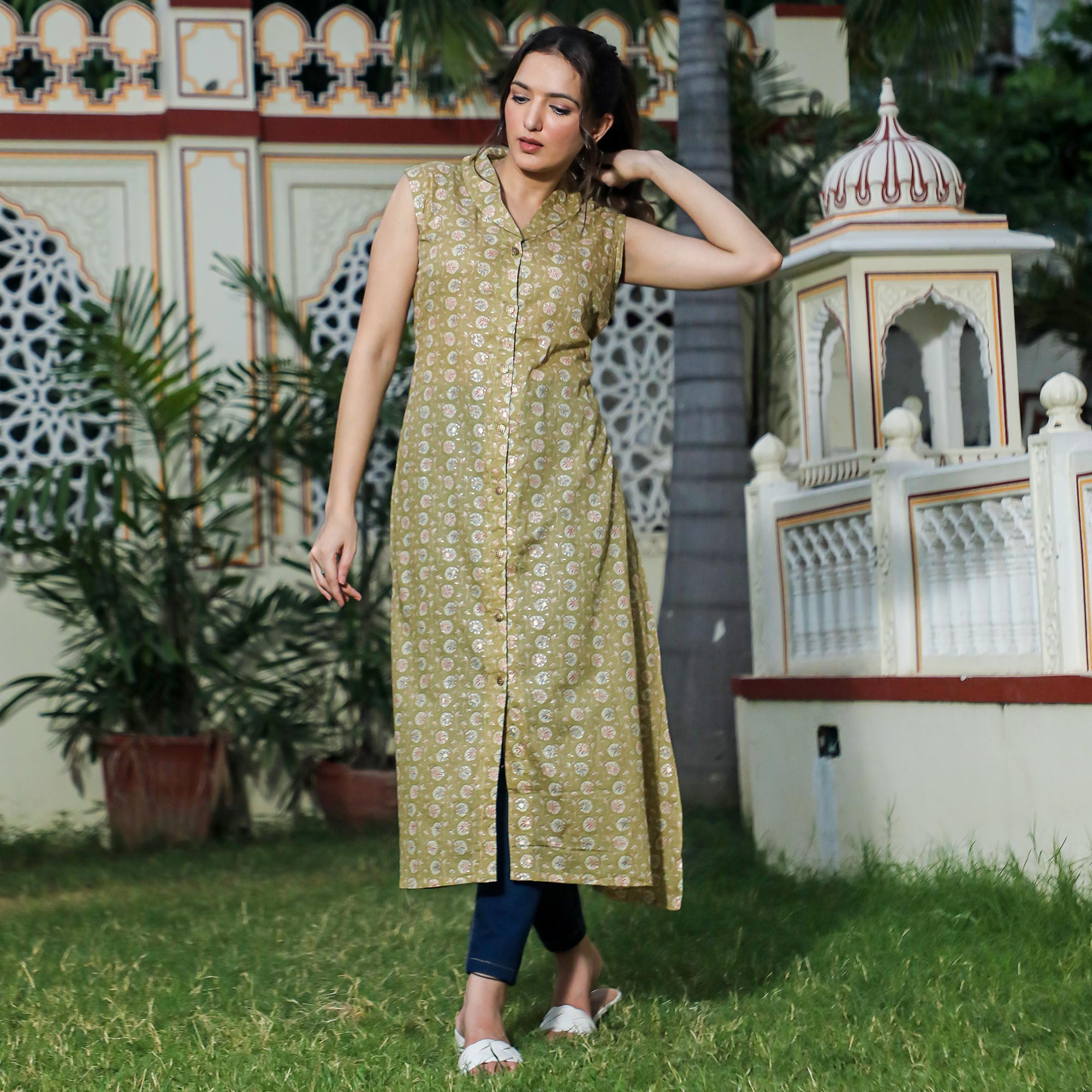 Green Floral Foil Printed Pure Cotton Kurti