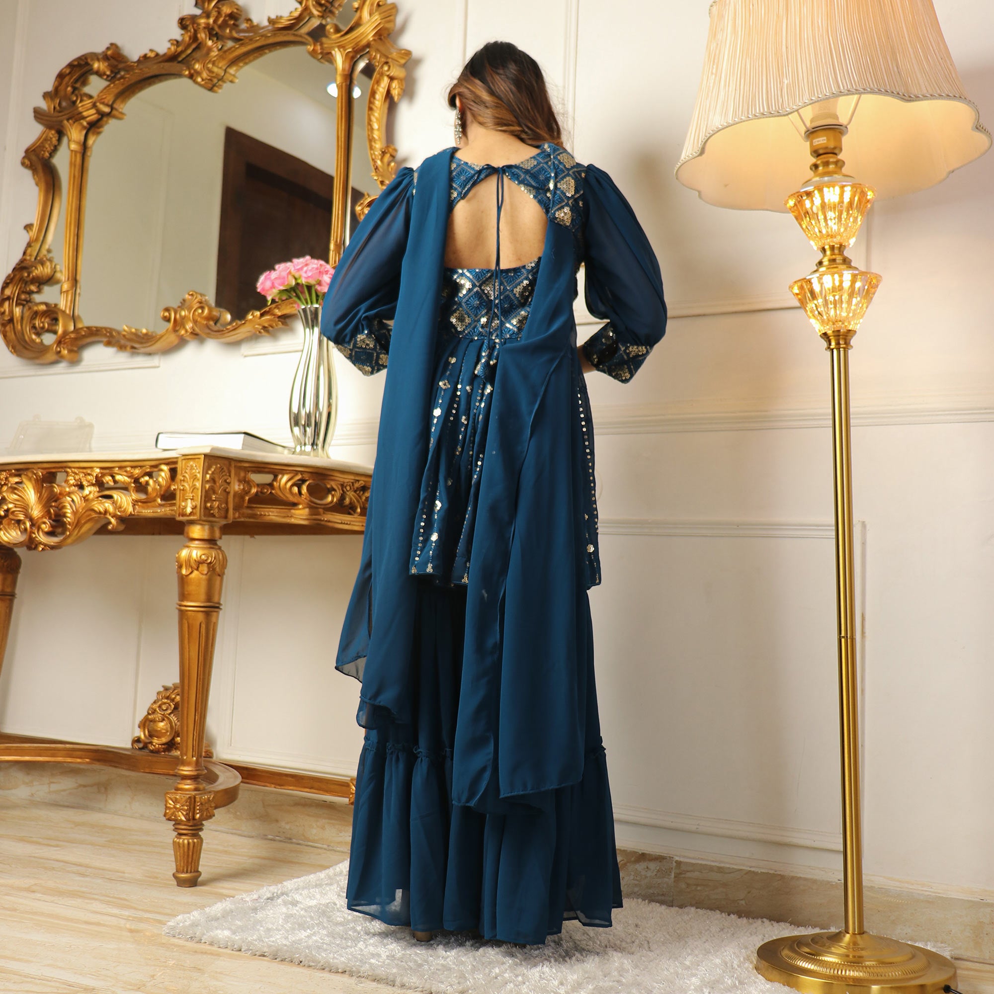 Blue Sequins Embroidered Georgette Sharara Suit