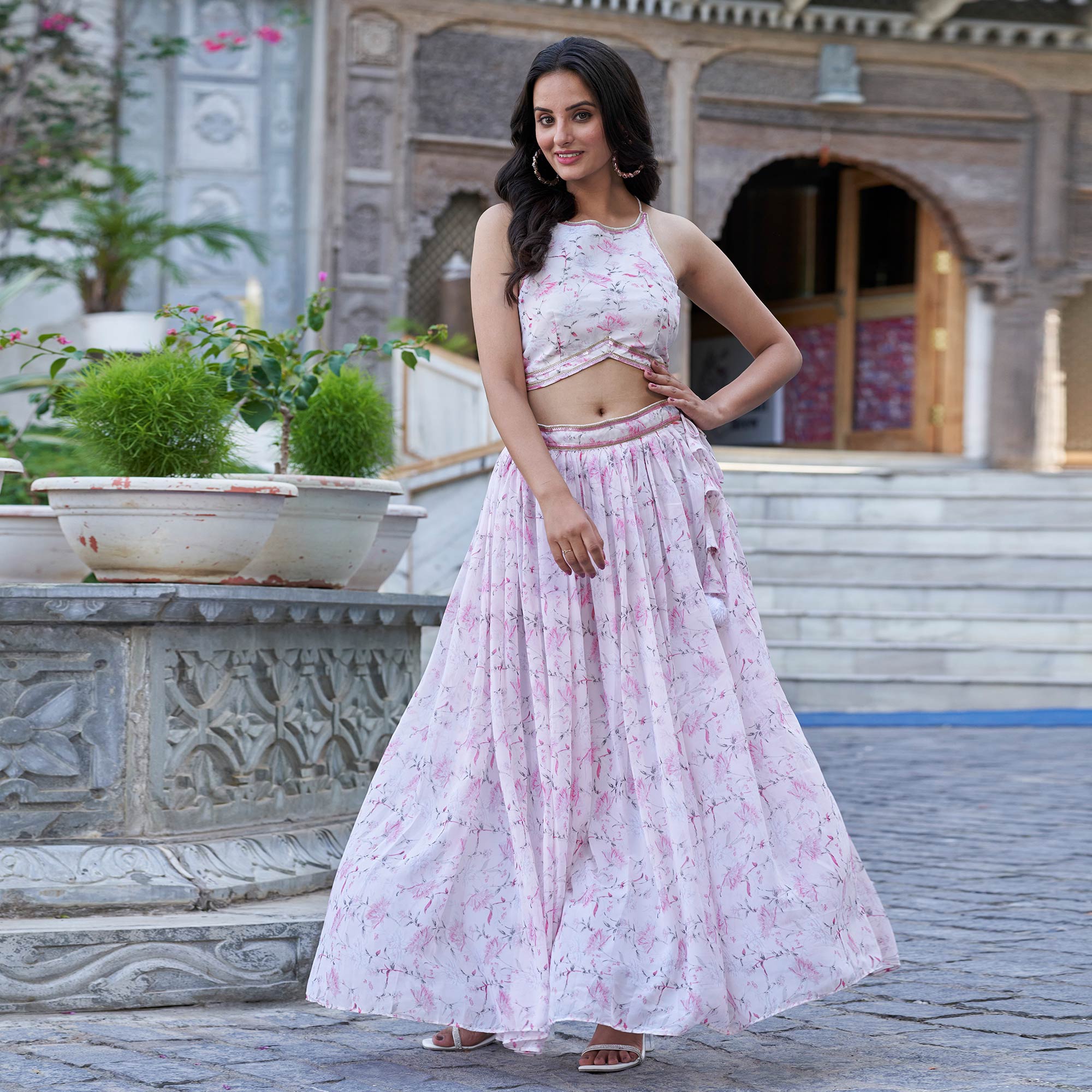 Pink & White Floral Printed Georgette Crop Top Lehenga