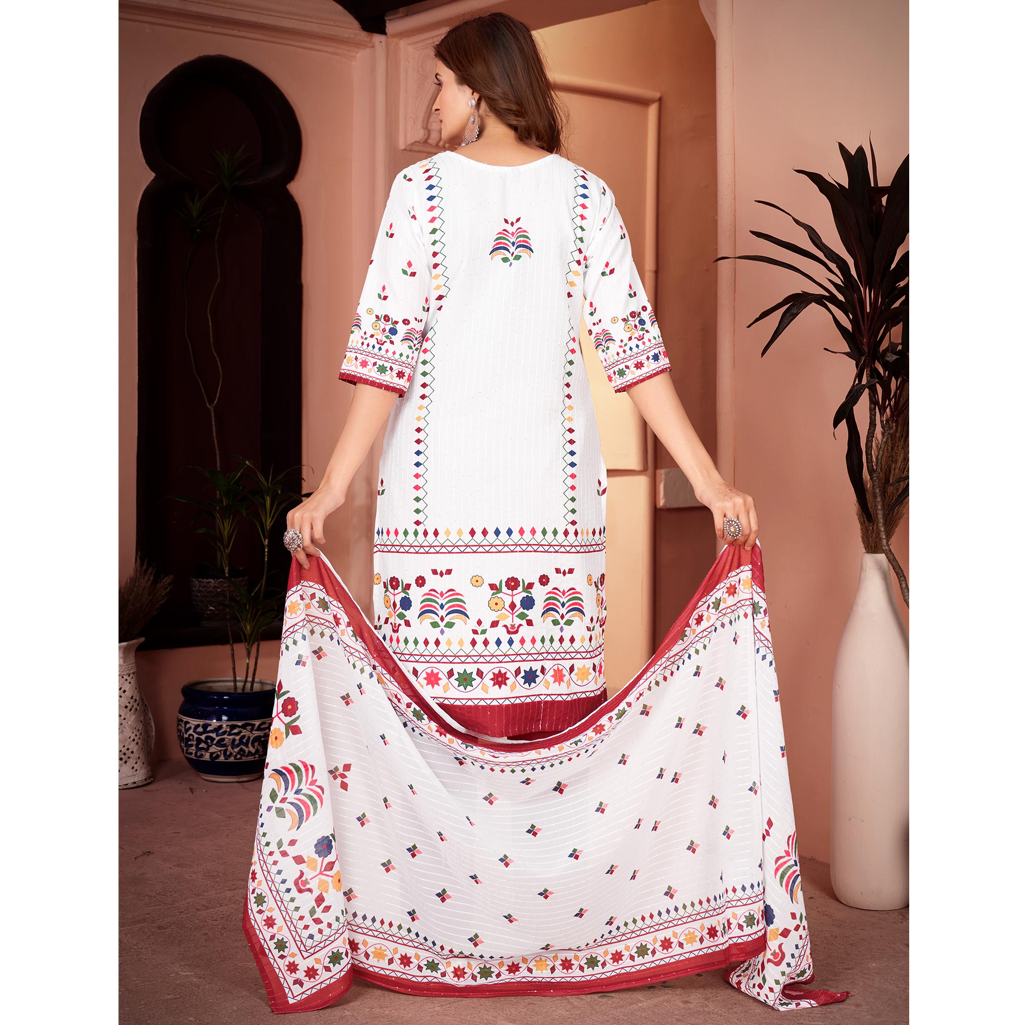 White & Maroon Embroidered With Printed Rayon Salwar Suit