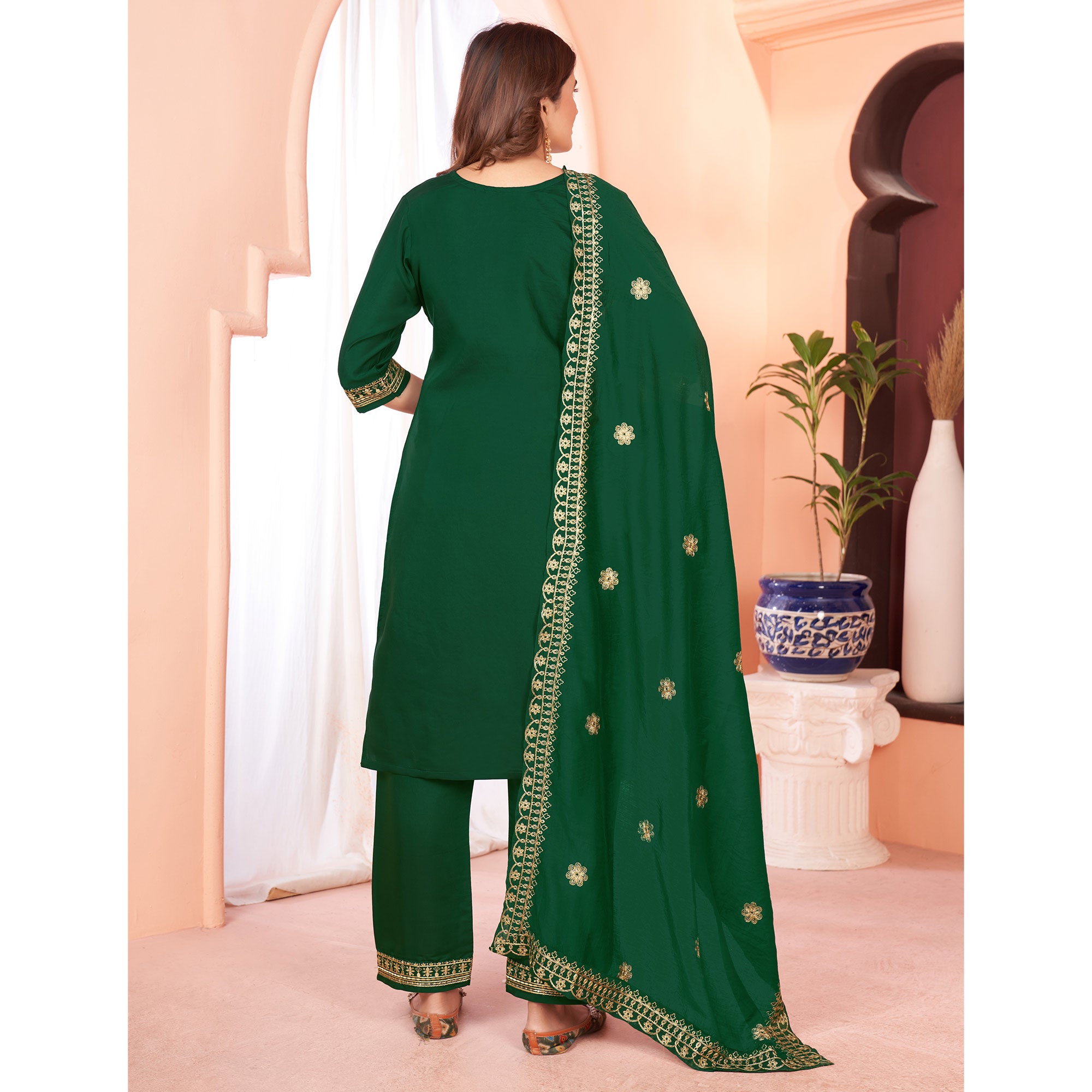 Green Sequins Embroidered Viscose Salwar Suit