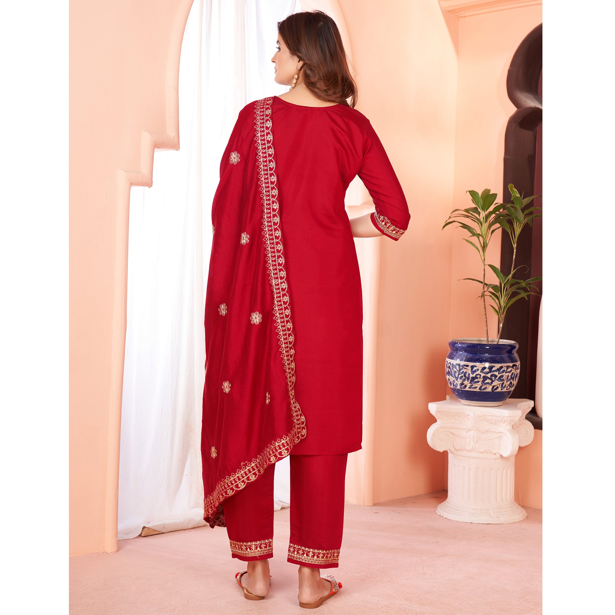 Maroon Sequins Embroidered Viscose Salwar Suit