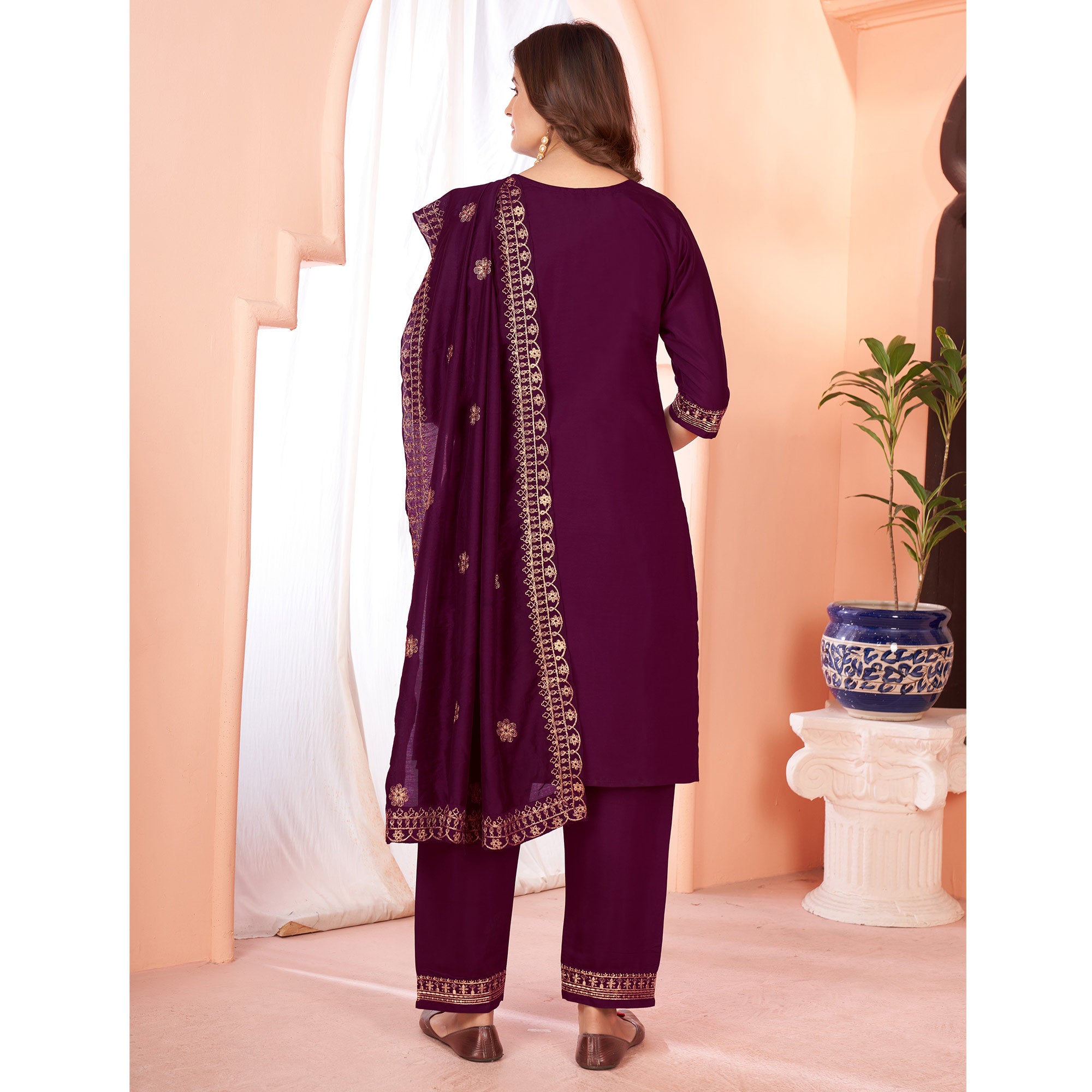 Wine Sequins Embroidered Viscose Salwar Suit