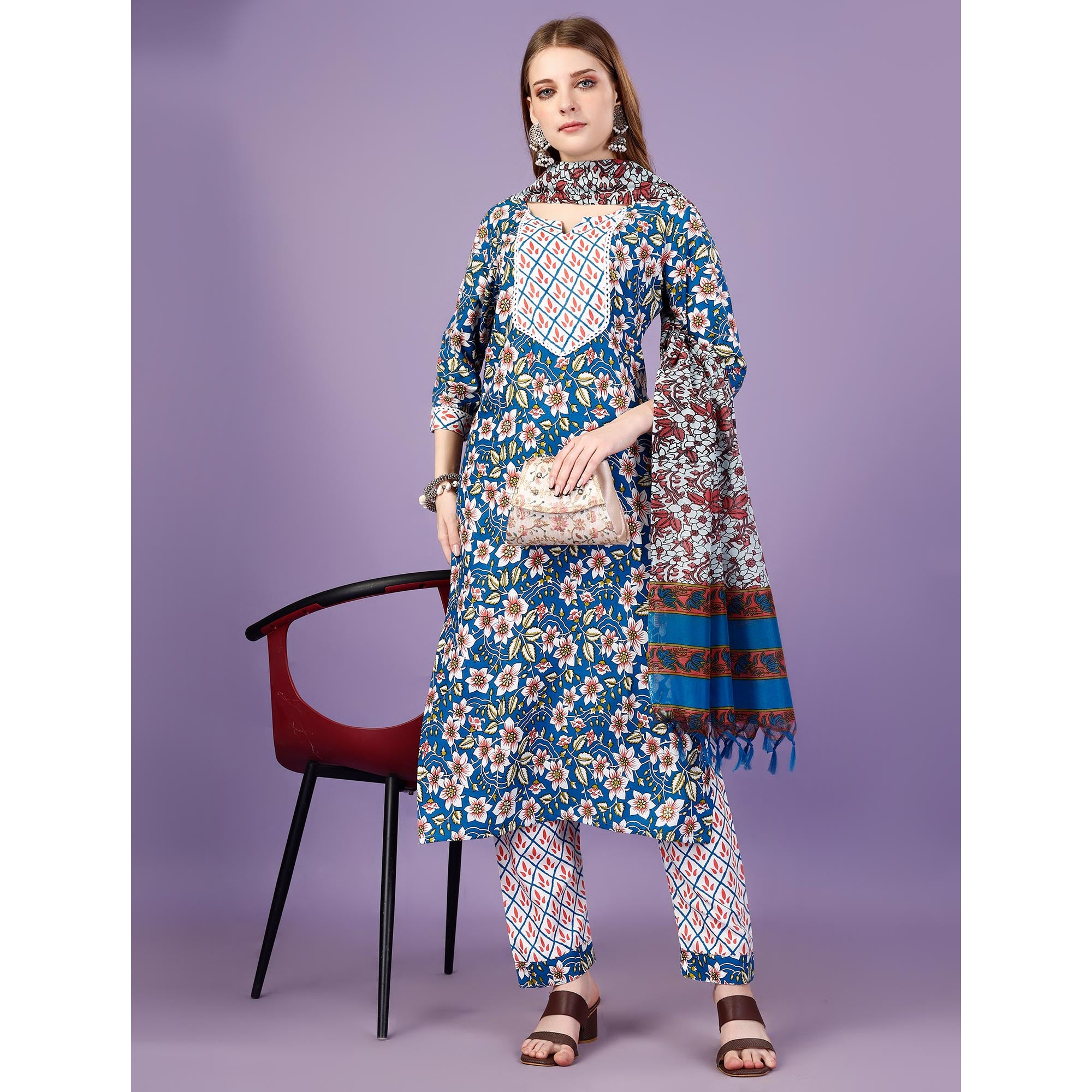 Blue Floral Printed Viscose Salwar Suit