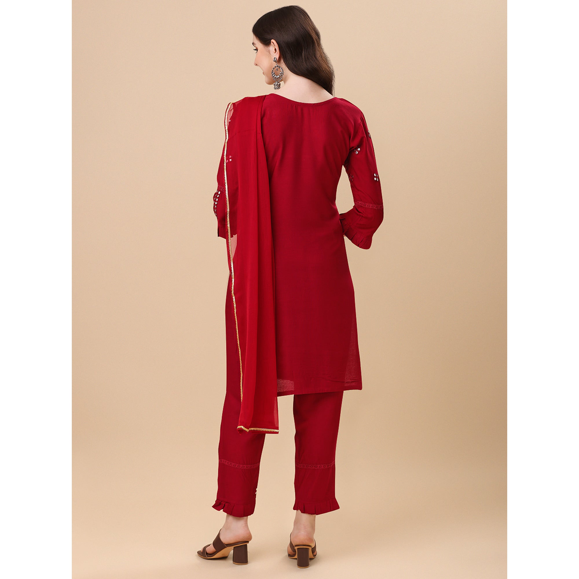 Red Embroidered Rayon Salwar Suit