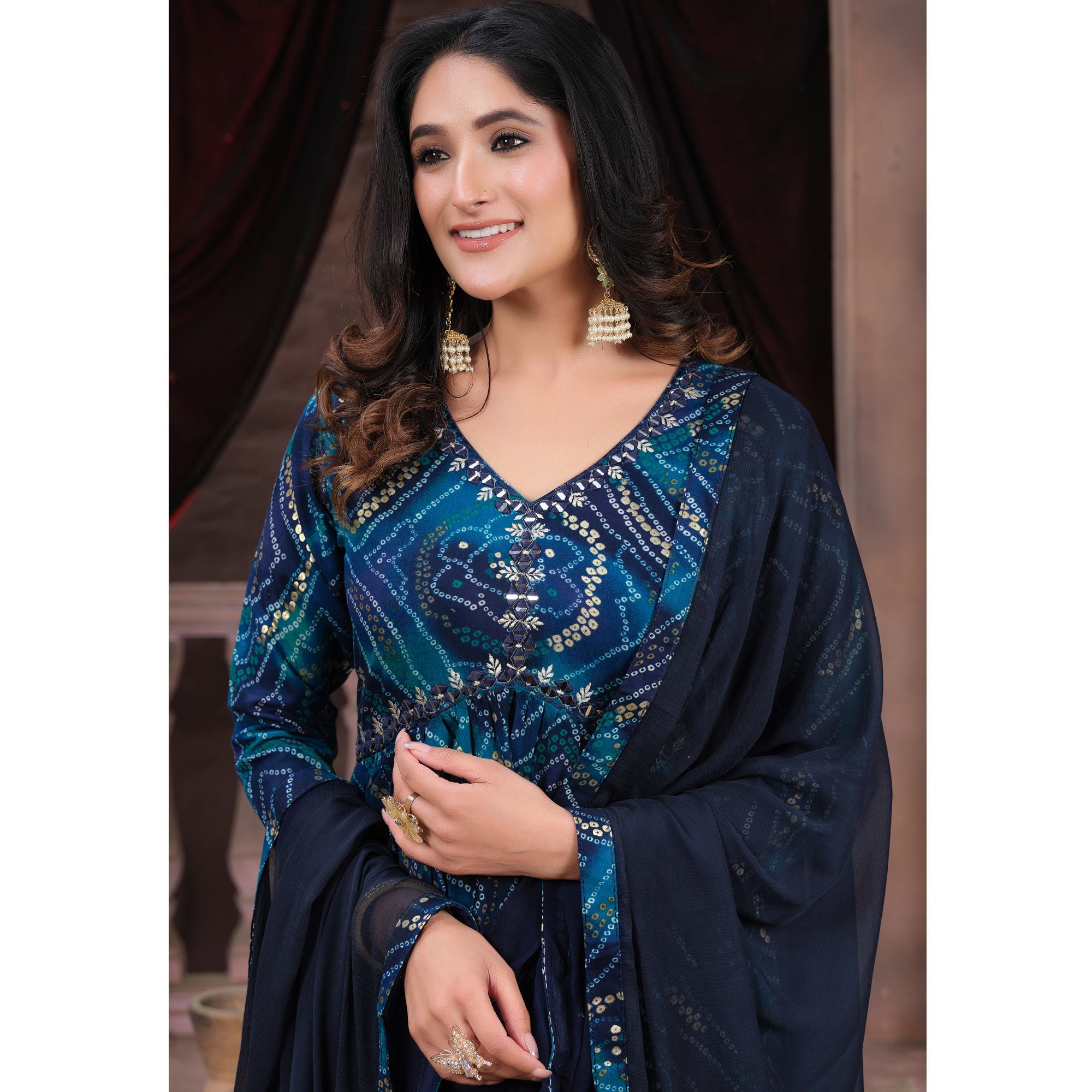 Blue Floral Printed Rayon Alia Cut Salwar Suit