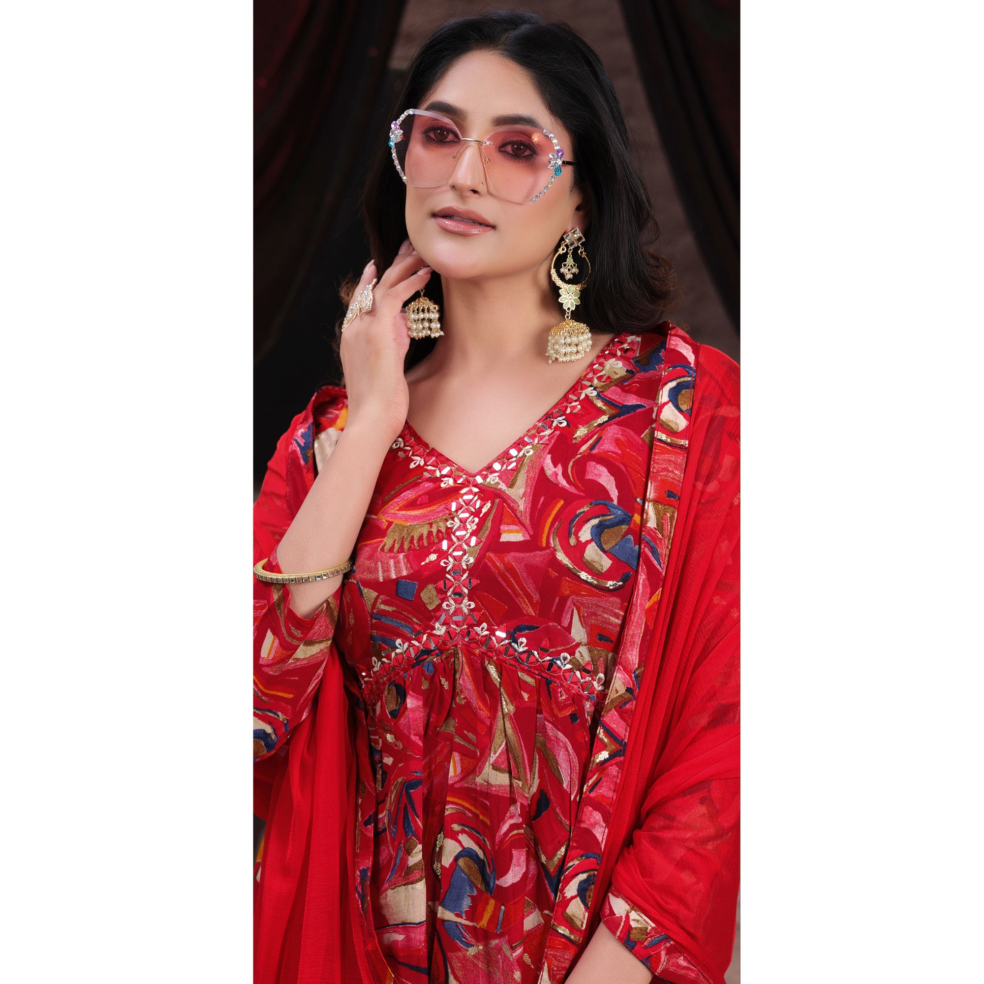 Red Floral Printed Rayon Alia Cut Salwar Suit