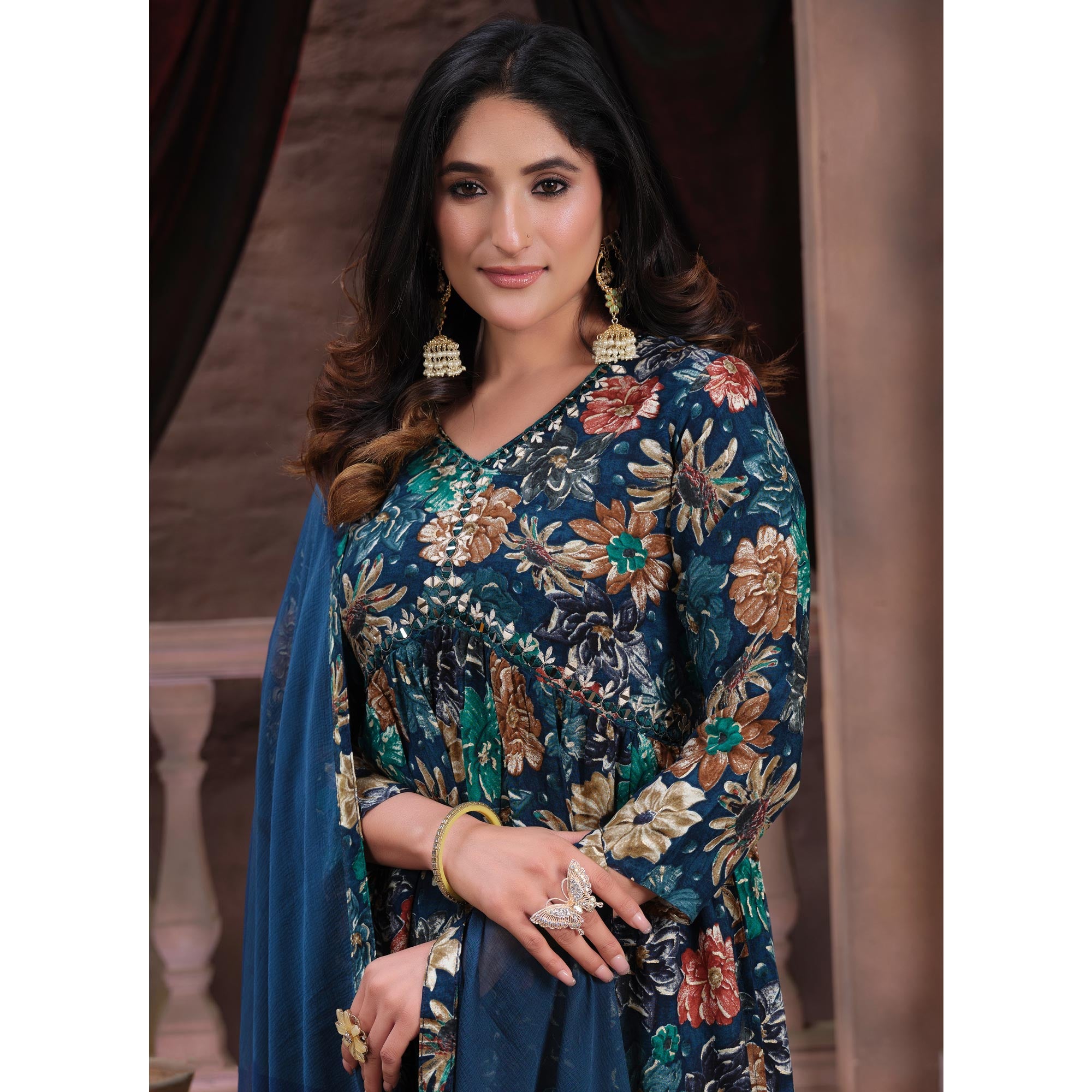 Navy Blue Floral Printed Rayon Alia Cut Salwar Suit