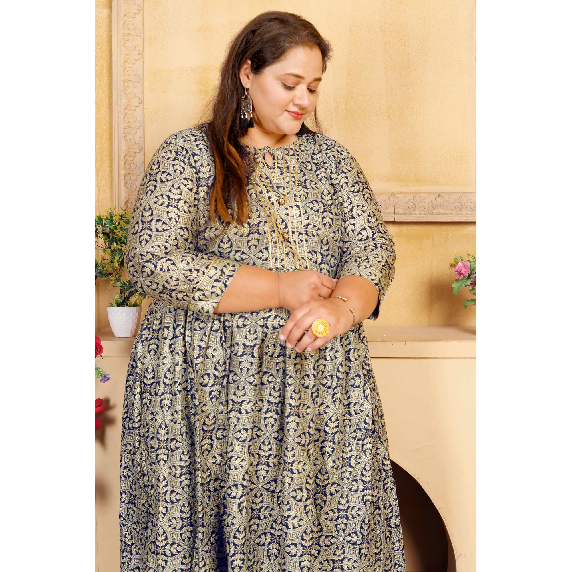 Blue Floral Printed Rayon Long Kurti