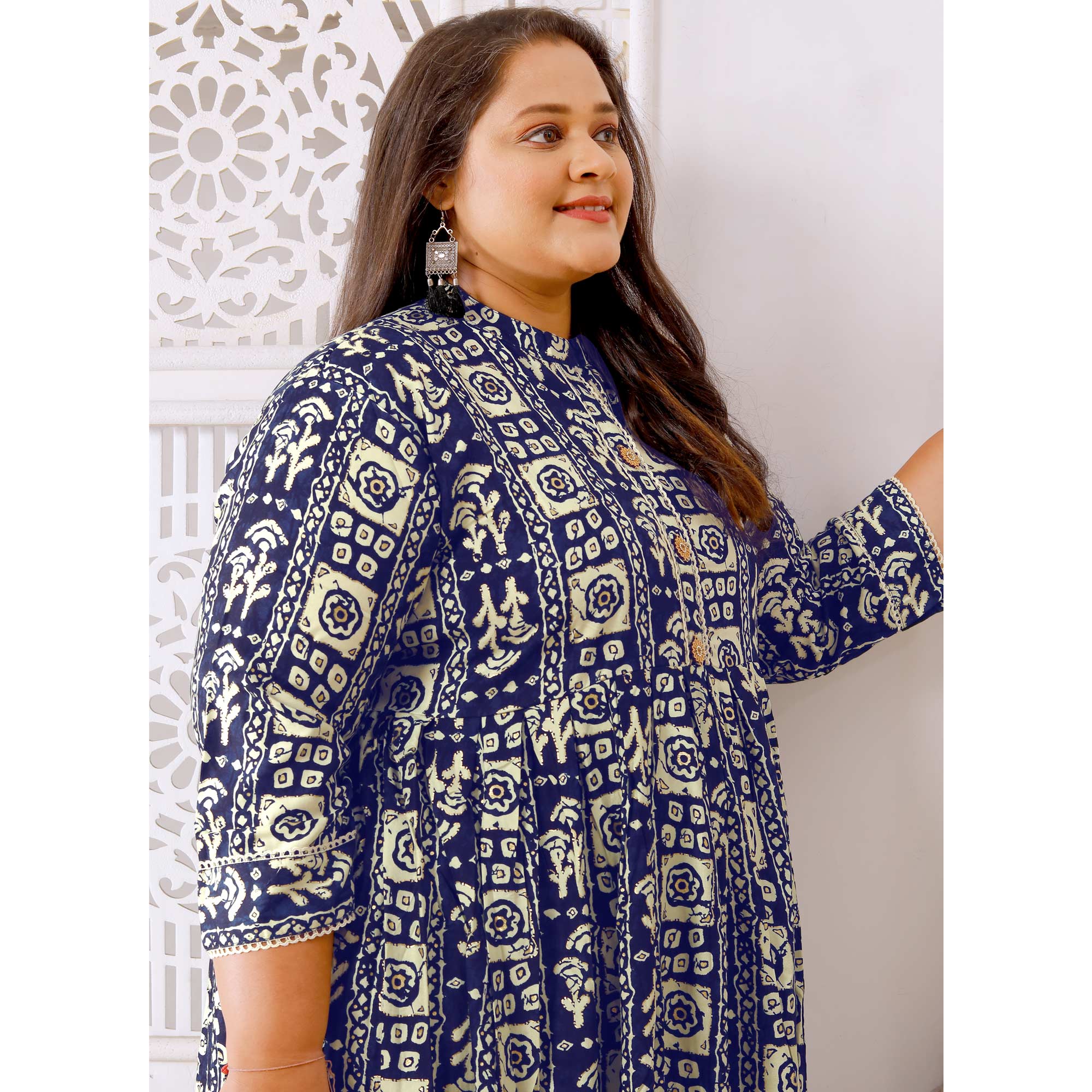 Blue Floral Printed Rayon Long Kurti